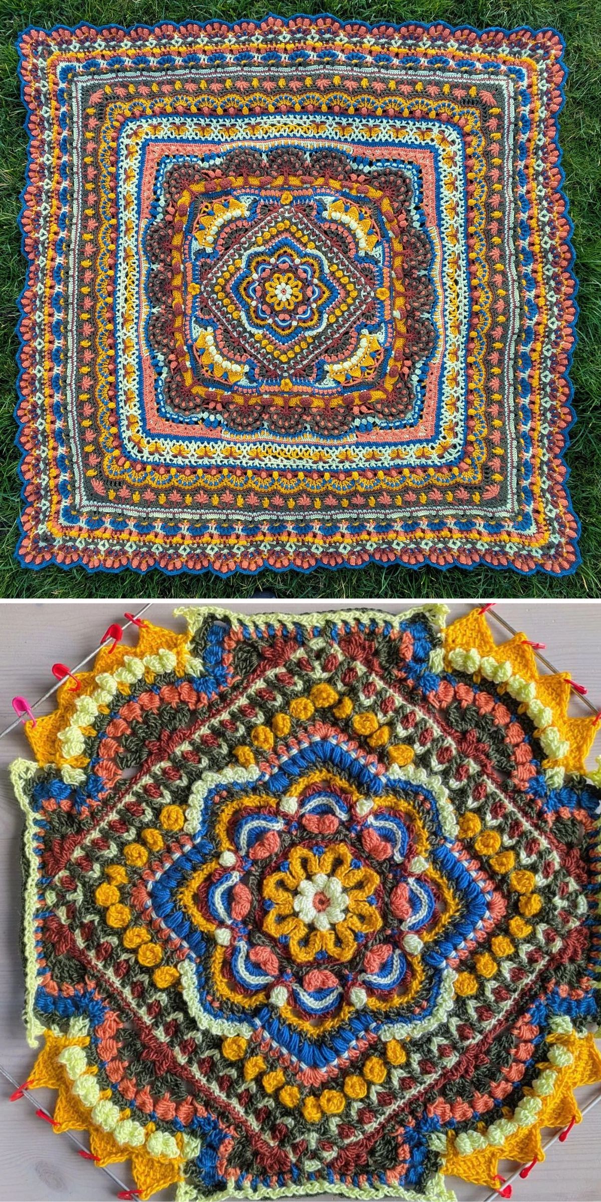 Two crocheted square blankets with colorful, intricate patterns and 3D details, shown on grass (top) and a neutral surface (bottom).