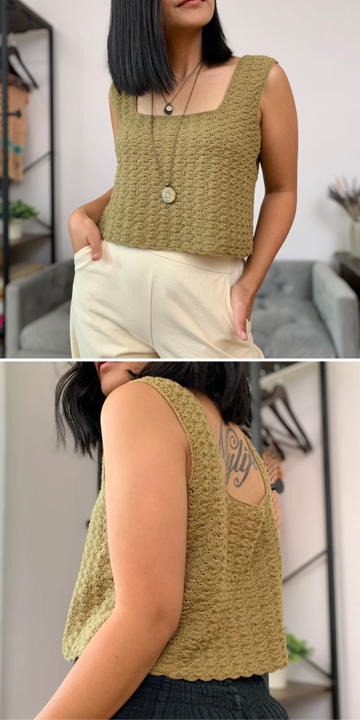 a woman dressed in a crochet top in a dark yellow color