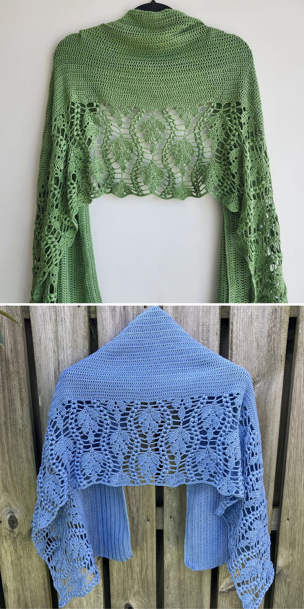 Two crochet shawls, one green and one blue, are displayed hanging; each features a solid knit section with an intricate lace pattern along the back.