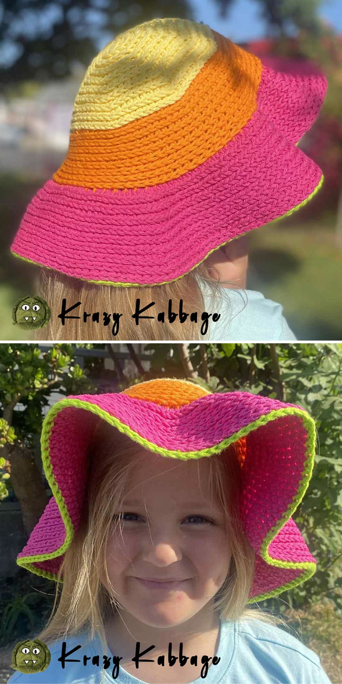 A child wears a wide-brimmed, multicolored crochet hat in yellow, orange, and pink with green trim. The hat is shown from the back and front.