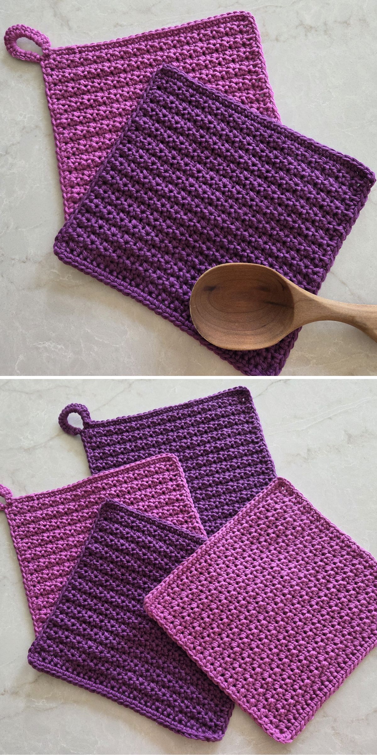 a collection of crocheted dishcloths with a structured design in purple and dark purple