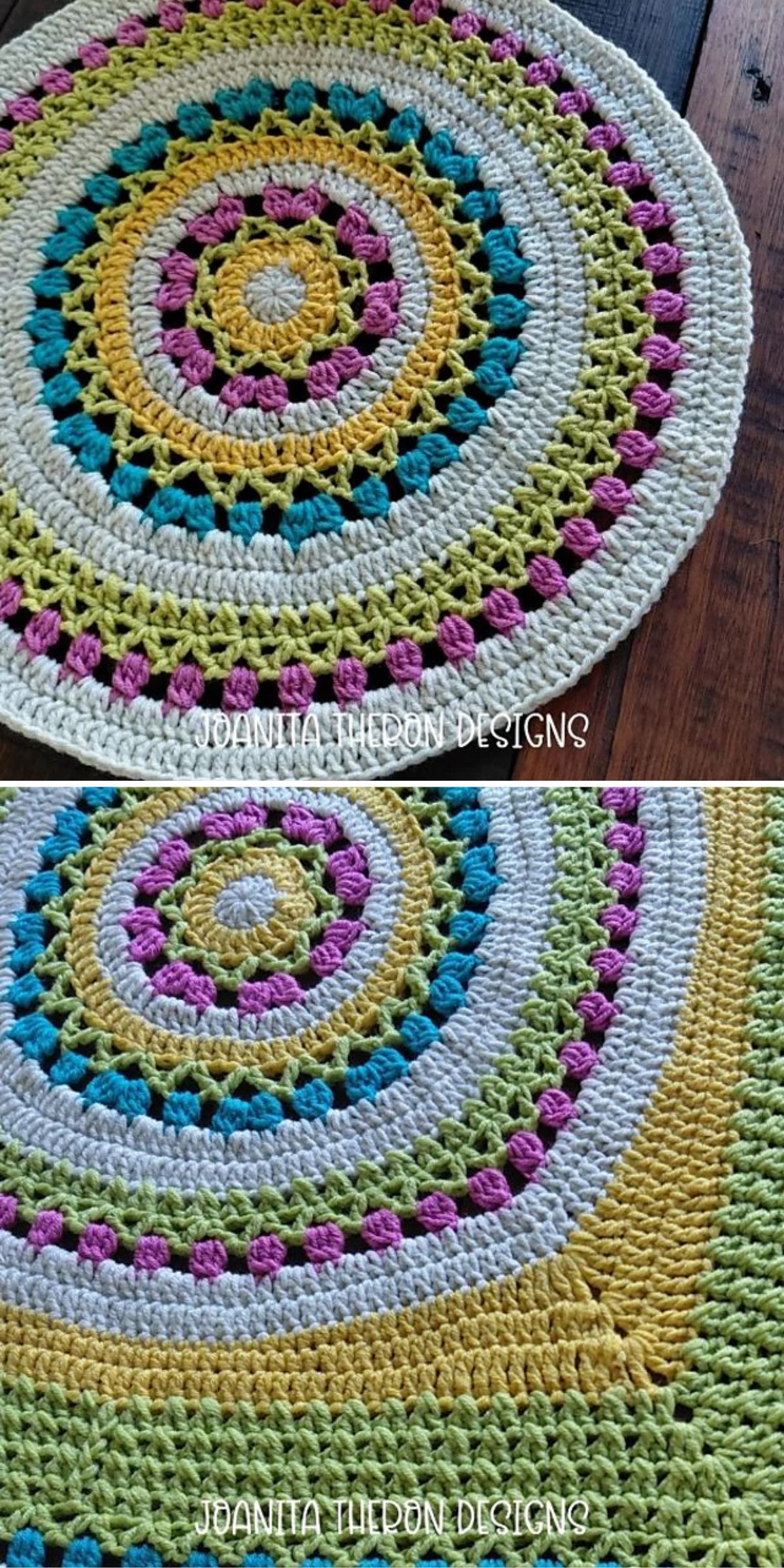 Colorful crocheted mandala mat featuring concentric circles in white, yellow, pink, blue, and green yarn on a wooden surface.