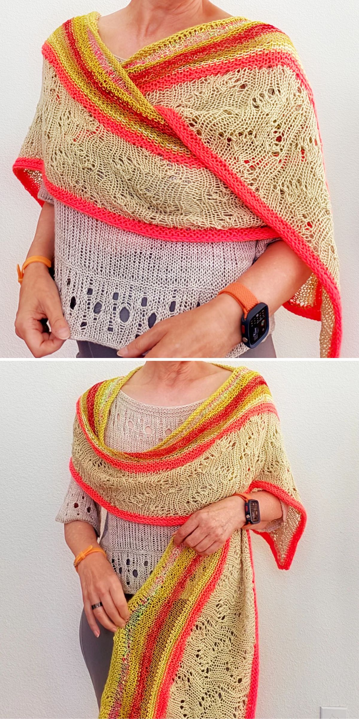 a woman having a vibrant knitted shawl wrapped around her shoulders