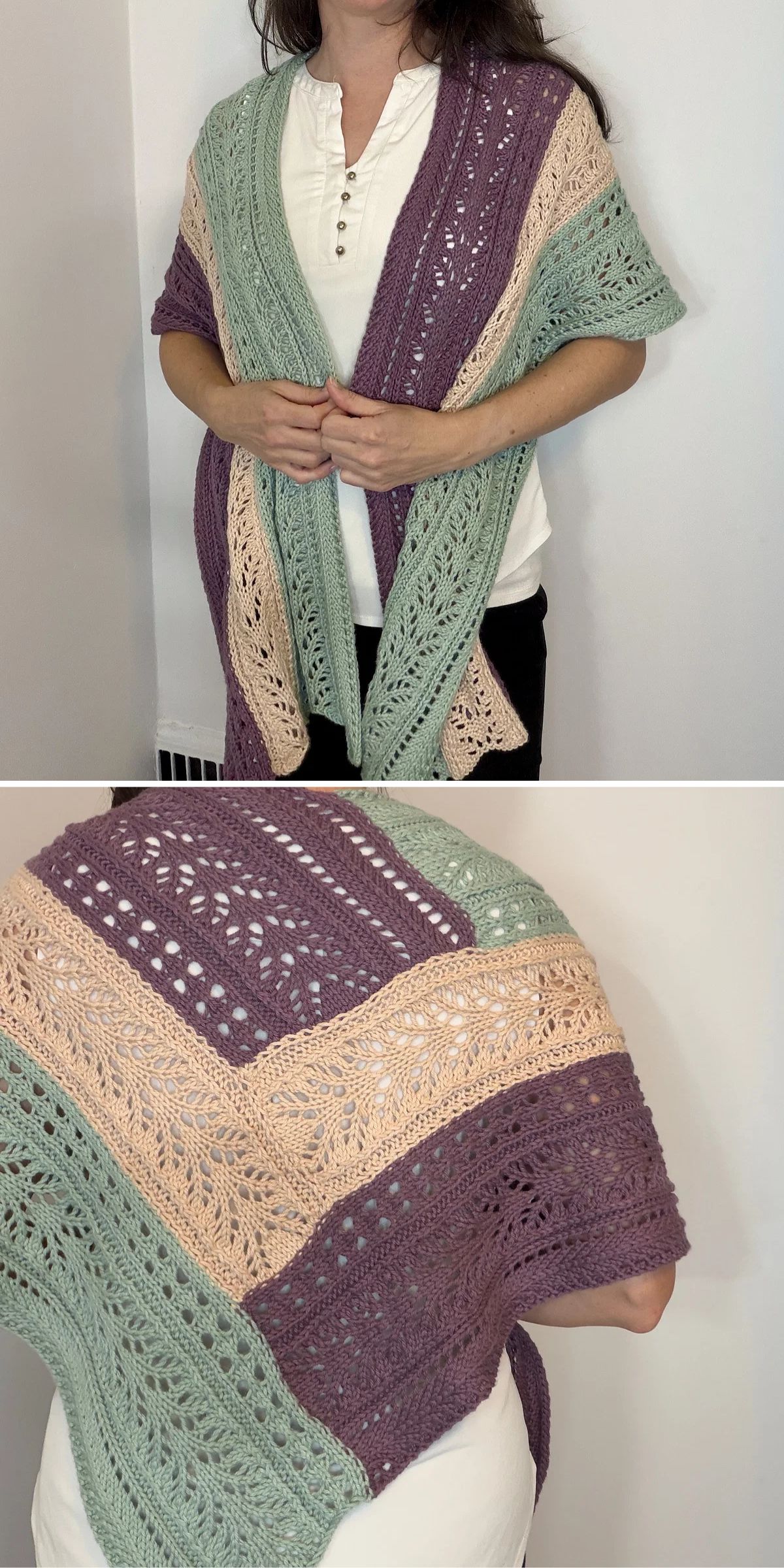 a woman wearing a knit summer shawl in muted colors and intricate lacework