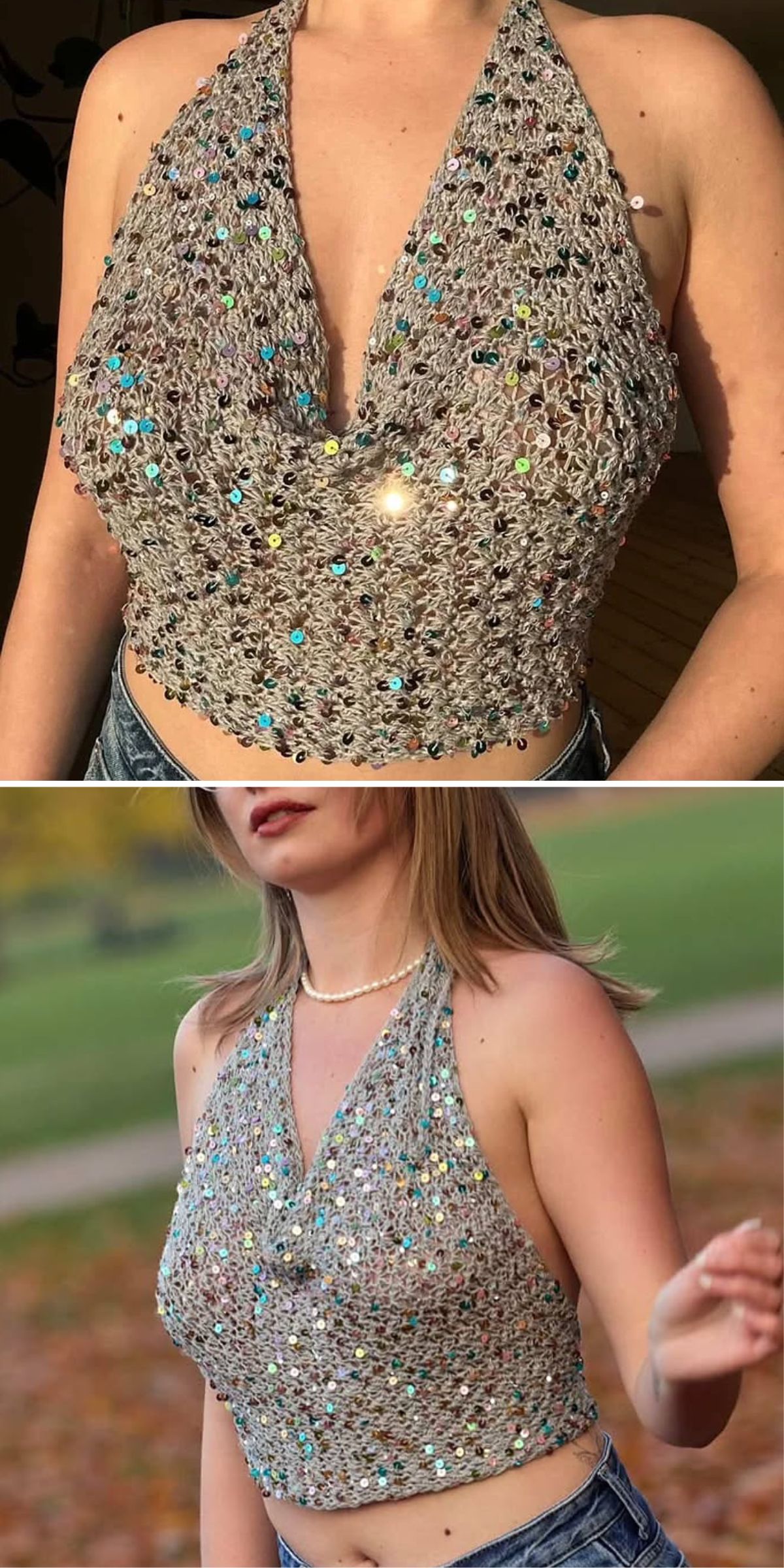 Two images show a person wearing a silver, sequined halter neck crop top with a deep V neckline, paired with blue jeans.