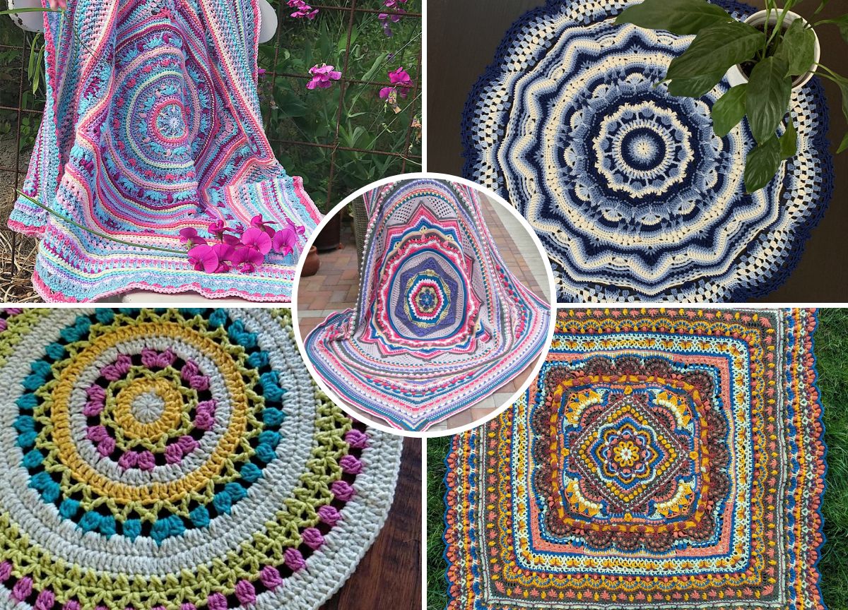 Collage of five intricately crocheted mandala and square blankets in various colors and patterns, with floral and geometric designs.
