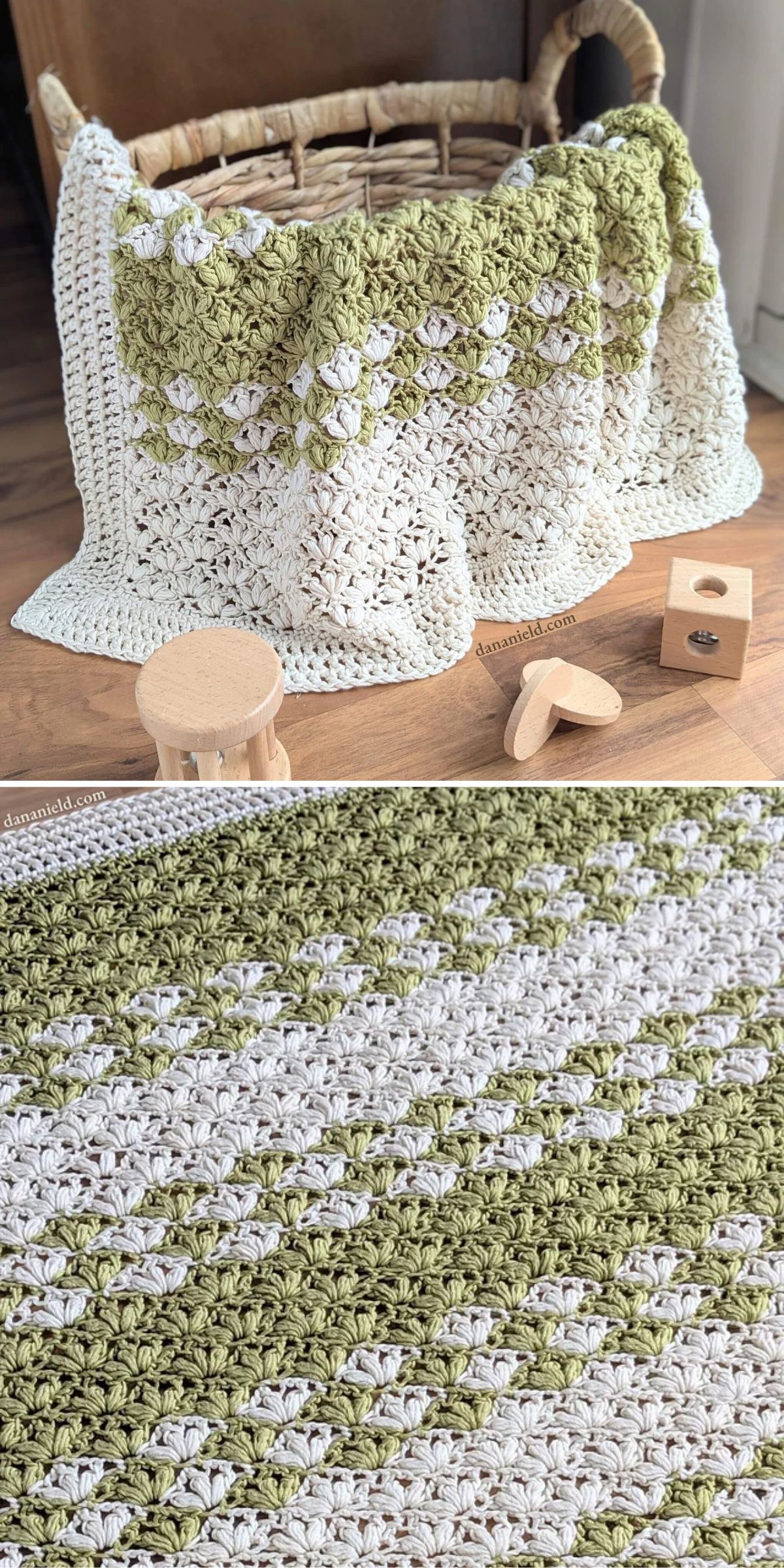 A white and green crocheted baby blanket draped over a woven basket, with wooden toys nearby; close-up shows the blanket's textured stitch pattern.