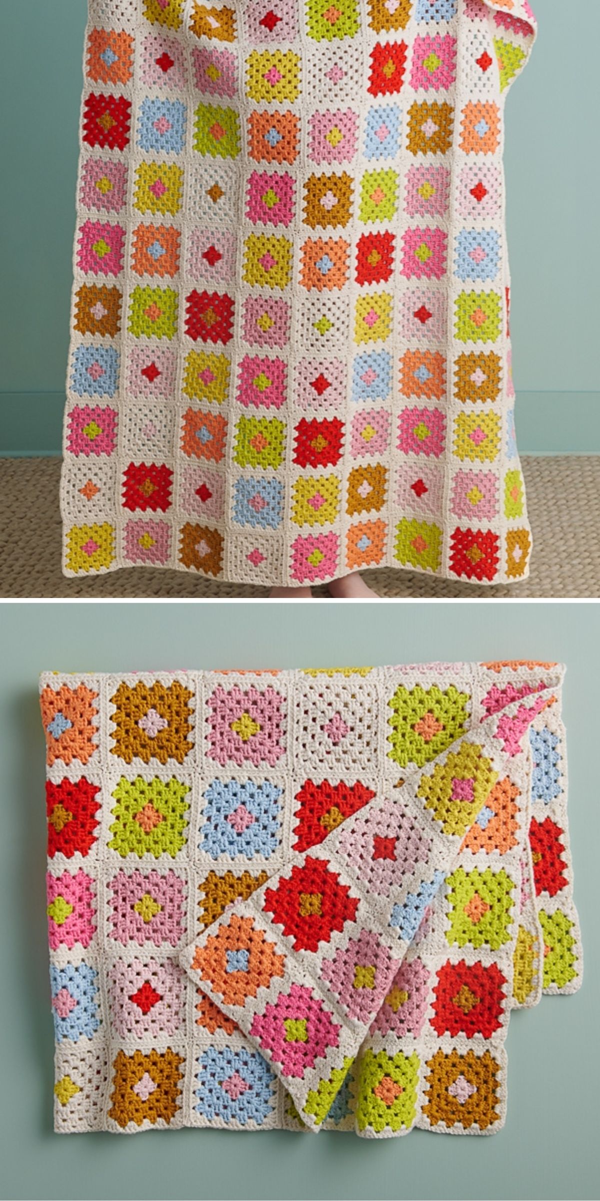 a colorful crochet blanket made up of small granny squares