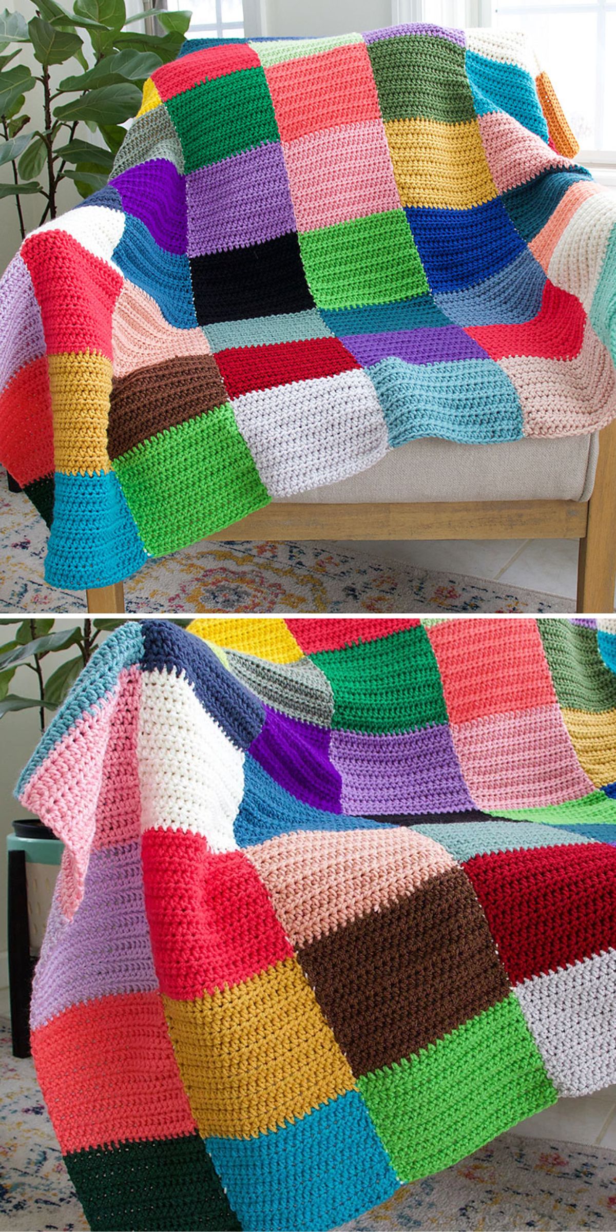 vibrant crocheted patchwork blanket built from solid squares in different colors