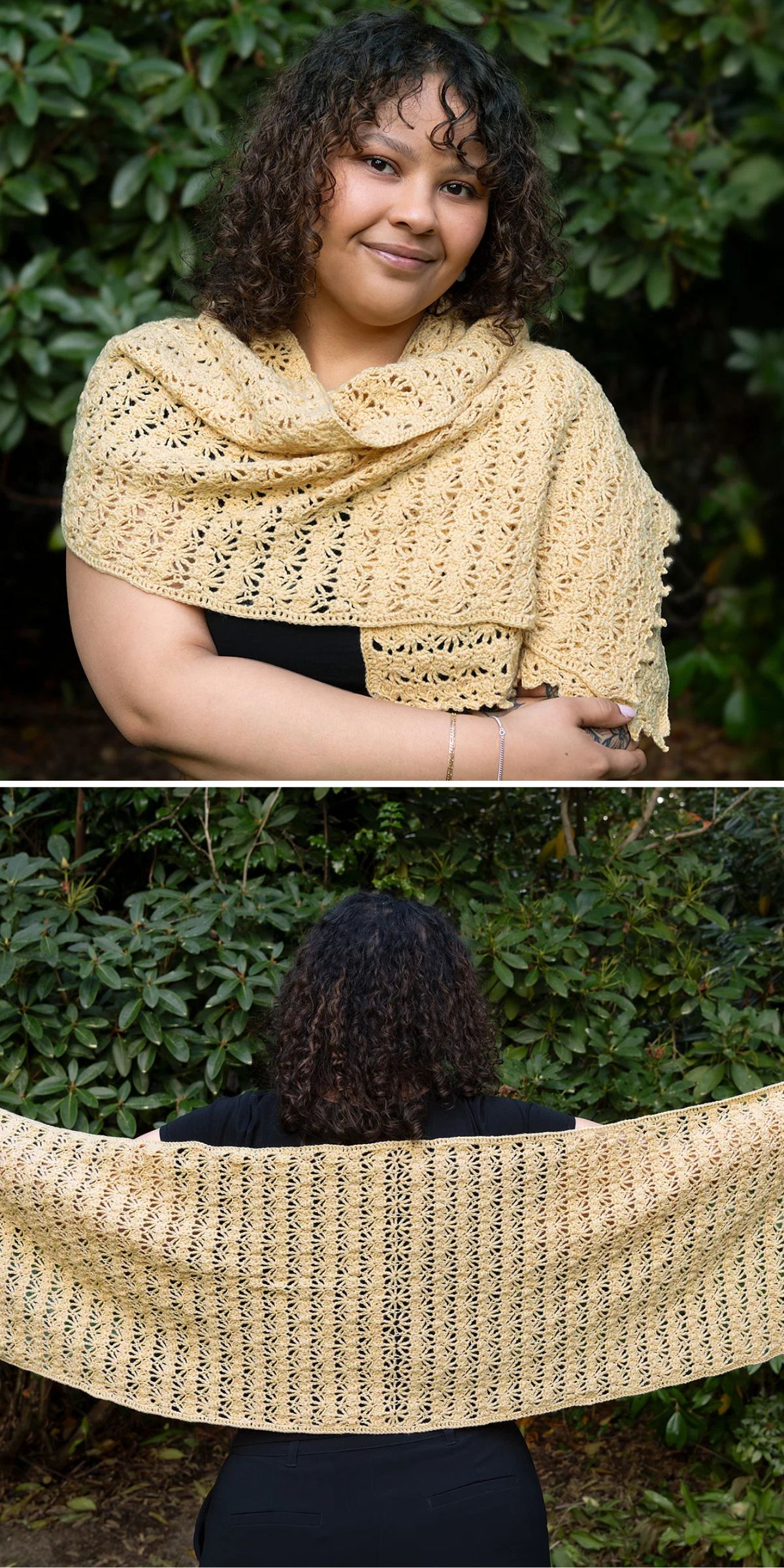 A woman stands outdoors wearing a light yellow crocheted shawl, shown draped over her shoulders in the first image and spread out in her hands in the second.