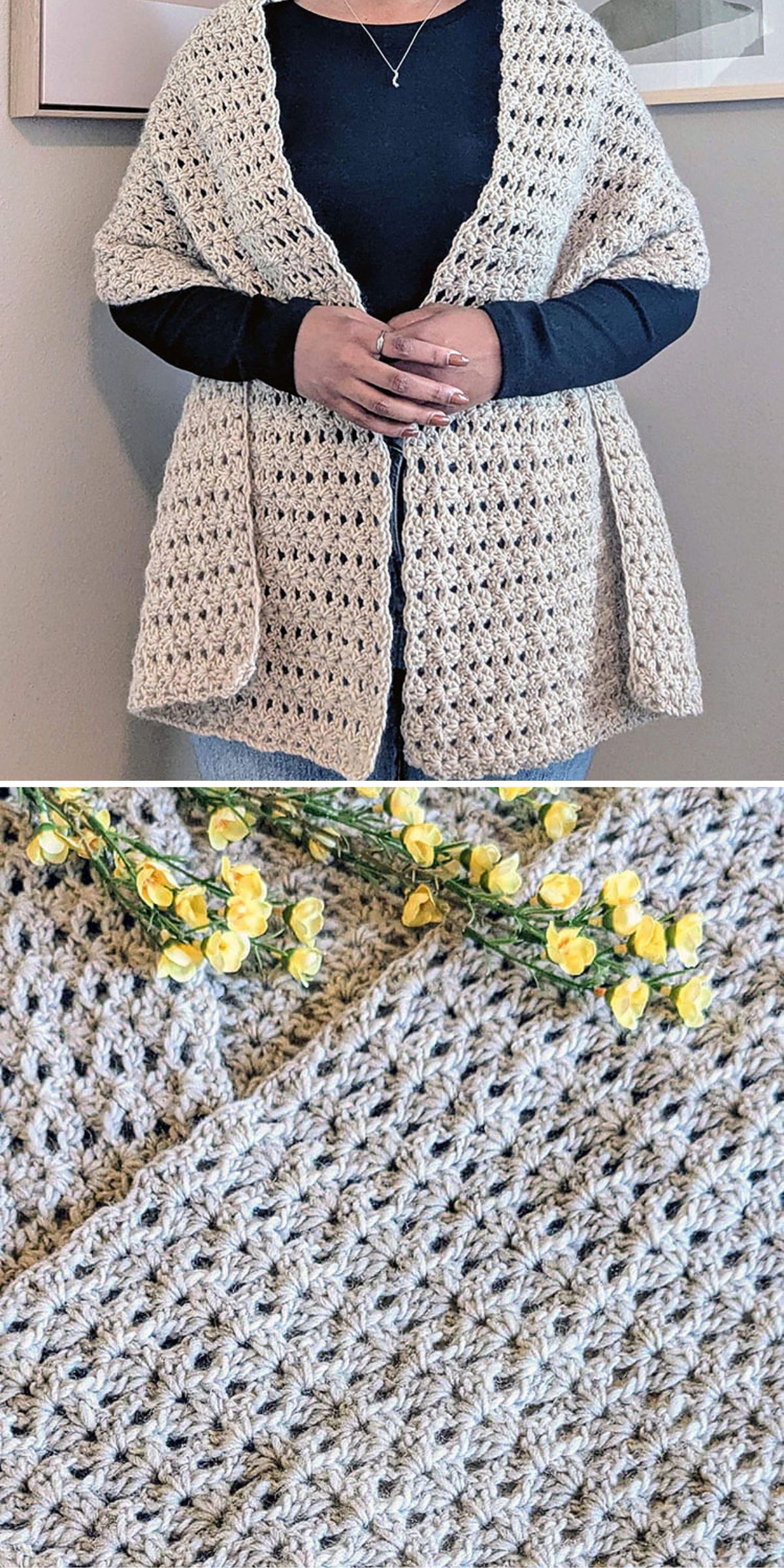 A person wearing a cream-colored crocheted shawl with pockets, shown in a close-up view and a detailed shot with yellow flowers on the fabric.