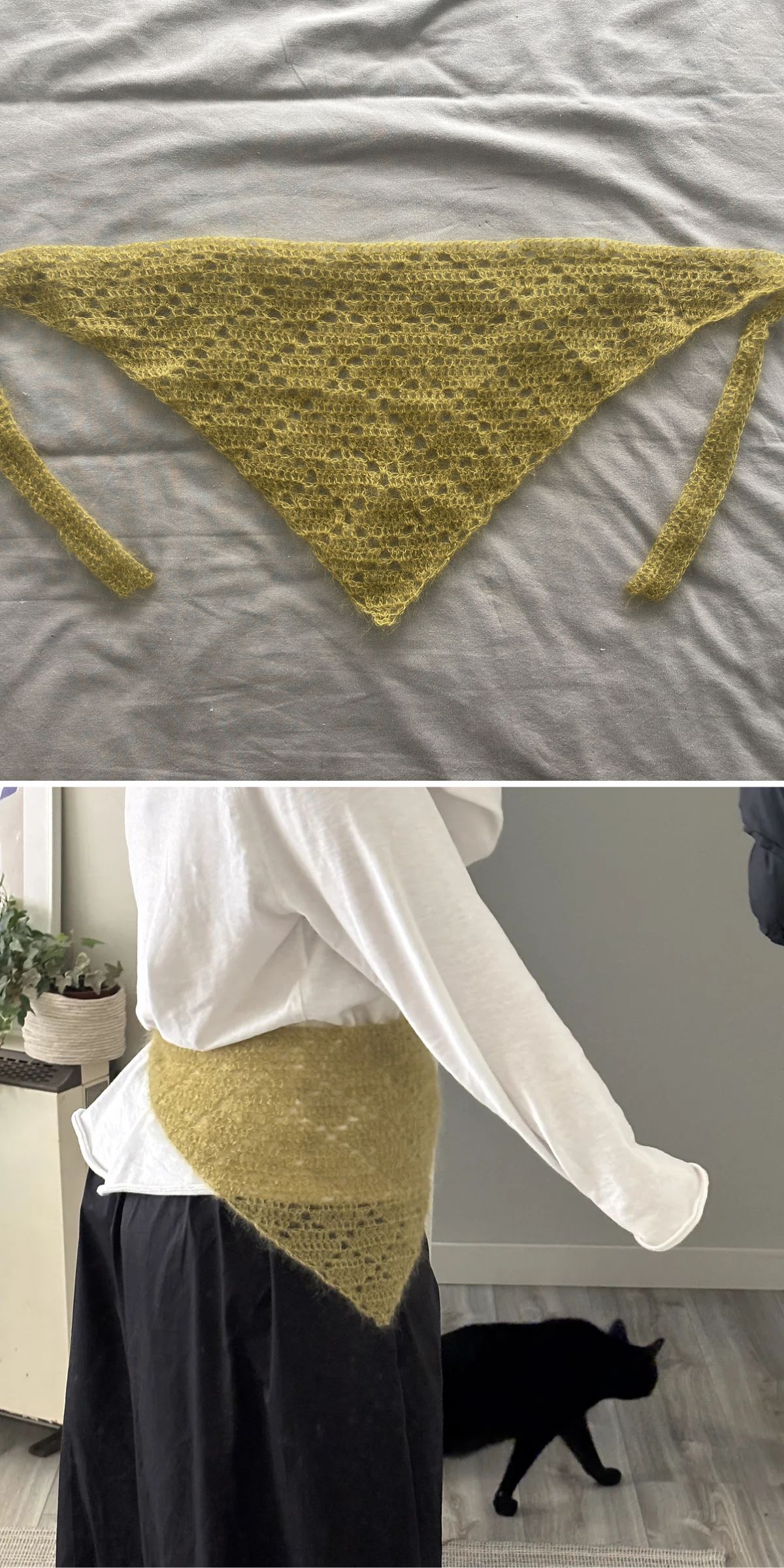 Top: A crochet yellow triangular bandana with ties is laid flat on a gray surface. Bottom: The same scarf is worn around the waist over a black skirt and white shirt; a black cat is in the background.