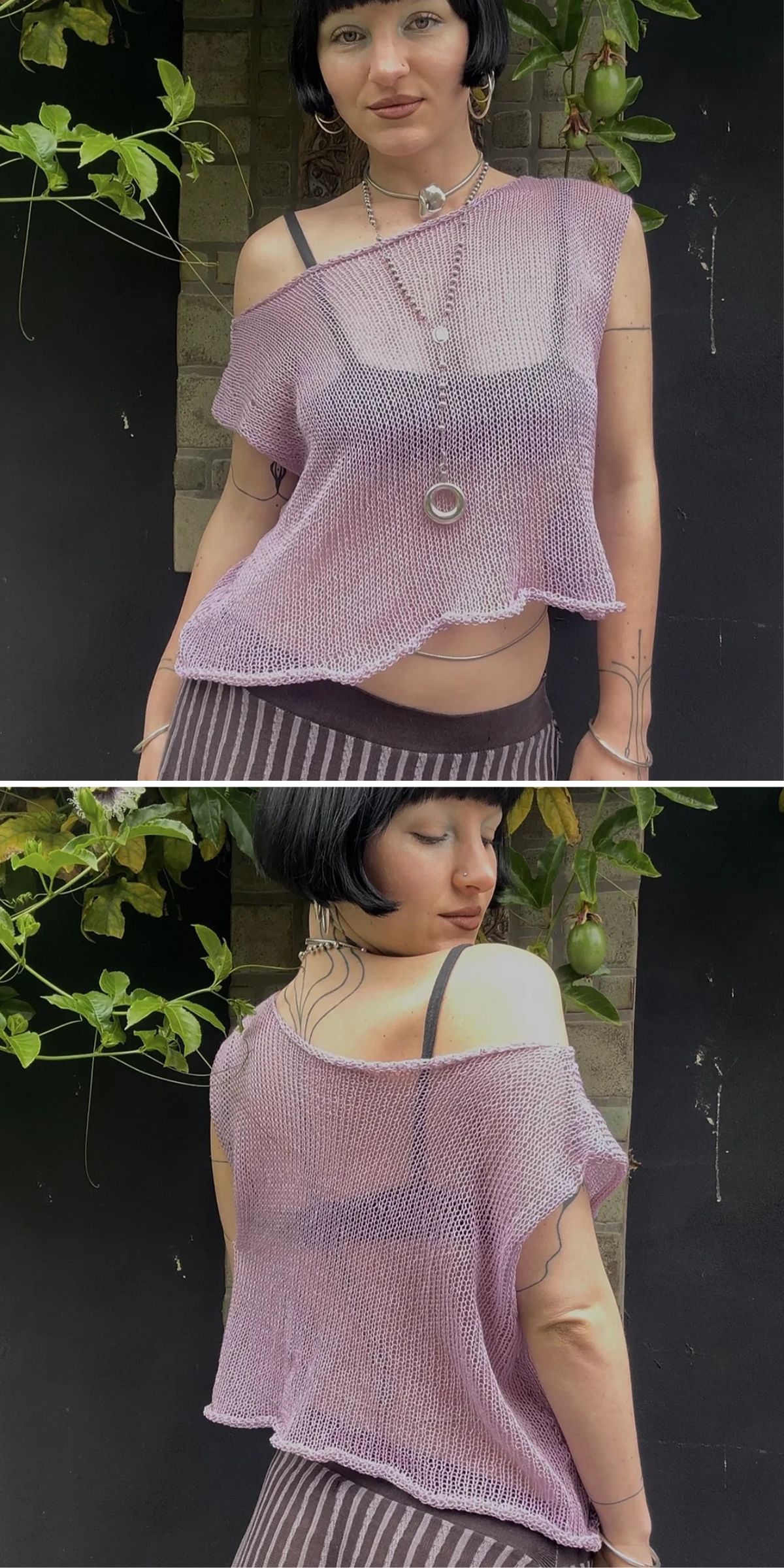 A person wearing a loose, sheer lavender knit top over a striped skirt, shown from the front and back against a dark background with green plants.