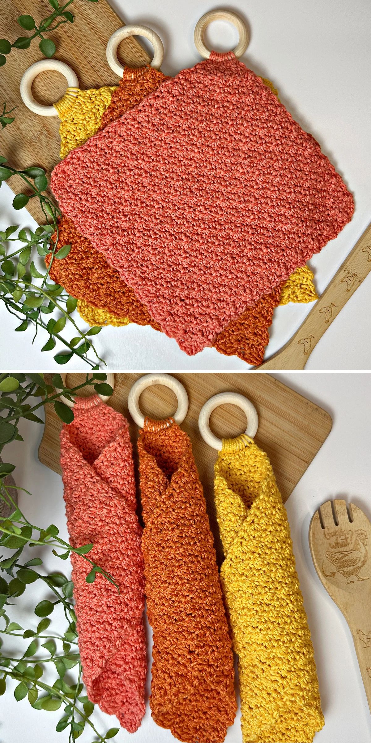 three textured crochet dishcloths in light red, dark red and yellow