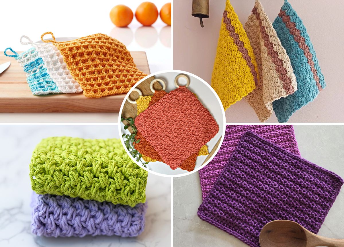 a set of crocheted dishcloths with structural designs