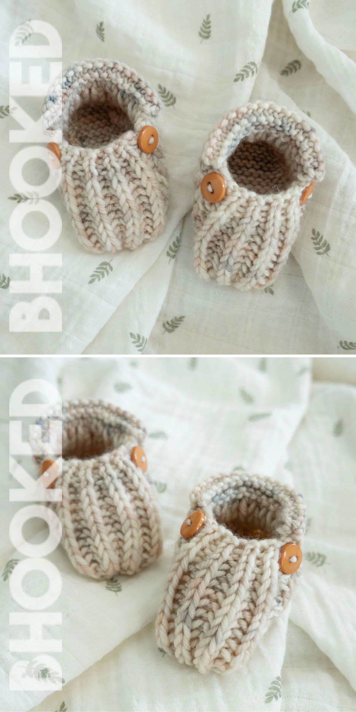 Two knitted baby booties with tan buttons sit on a white fabric background with a subtle leaf pattern. The word "BHOOKED" is overlaid on the image.