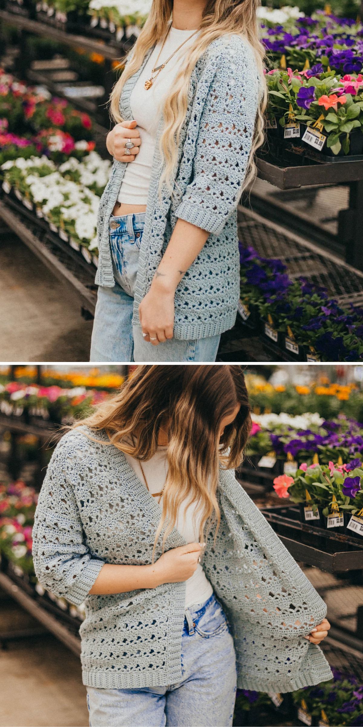 A person wearing a light blue crochet cardigan, white top, and jeans stands among rows of flowering plants at a garden center.