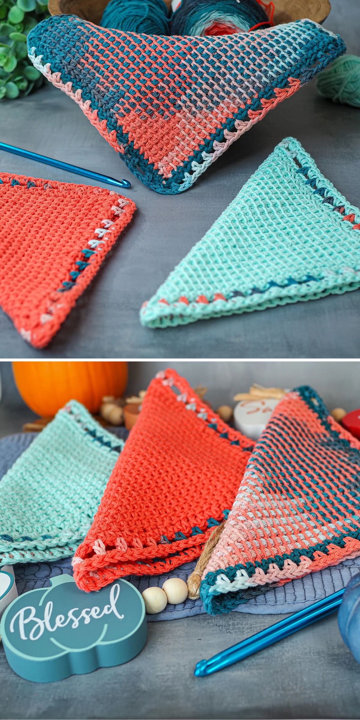 Close-up photos of several crocheted triangular pieces in shades of blue, teal, orange, and pink, laid out on a surface with crochet hooks and decorative items nearby.