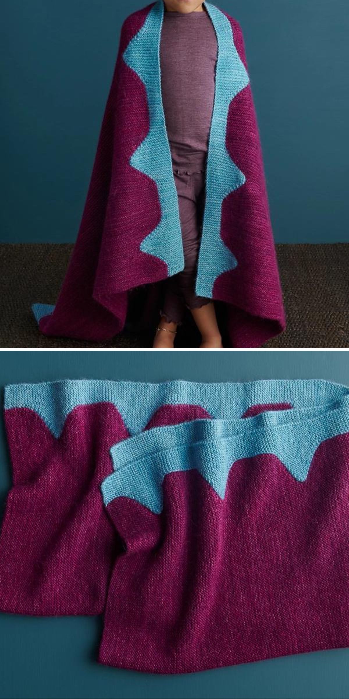 A person draped in a purple knit blanket with a light blue zigzag border, shown both worn and laid flat on a blue background.