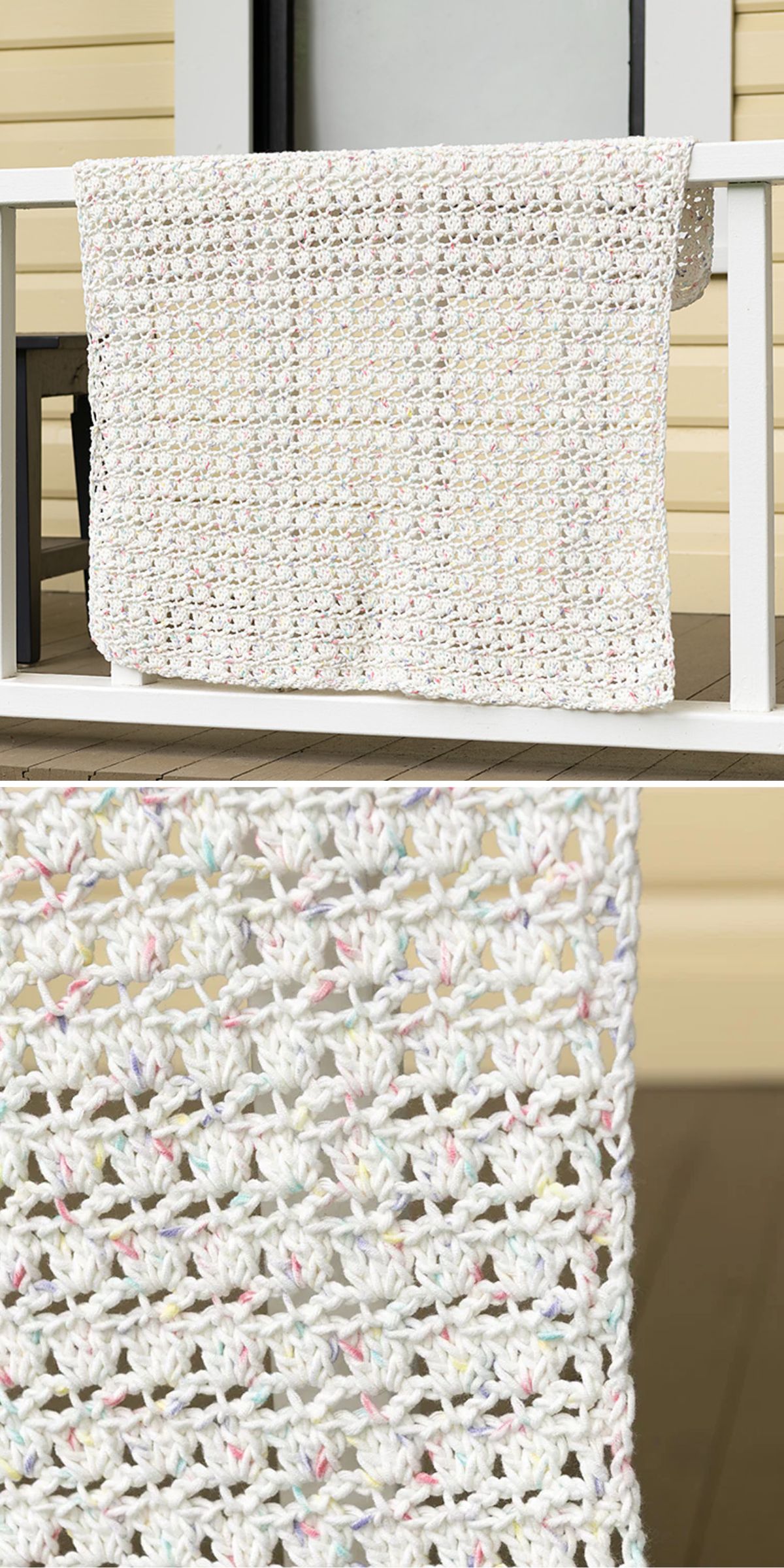 A white crocheted blanket with a subtle multicolored speckle pattern hangs over a porch railing, shown in both full view and close-up detail.