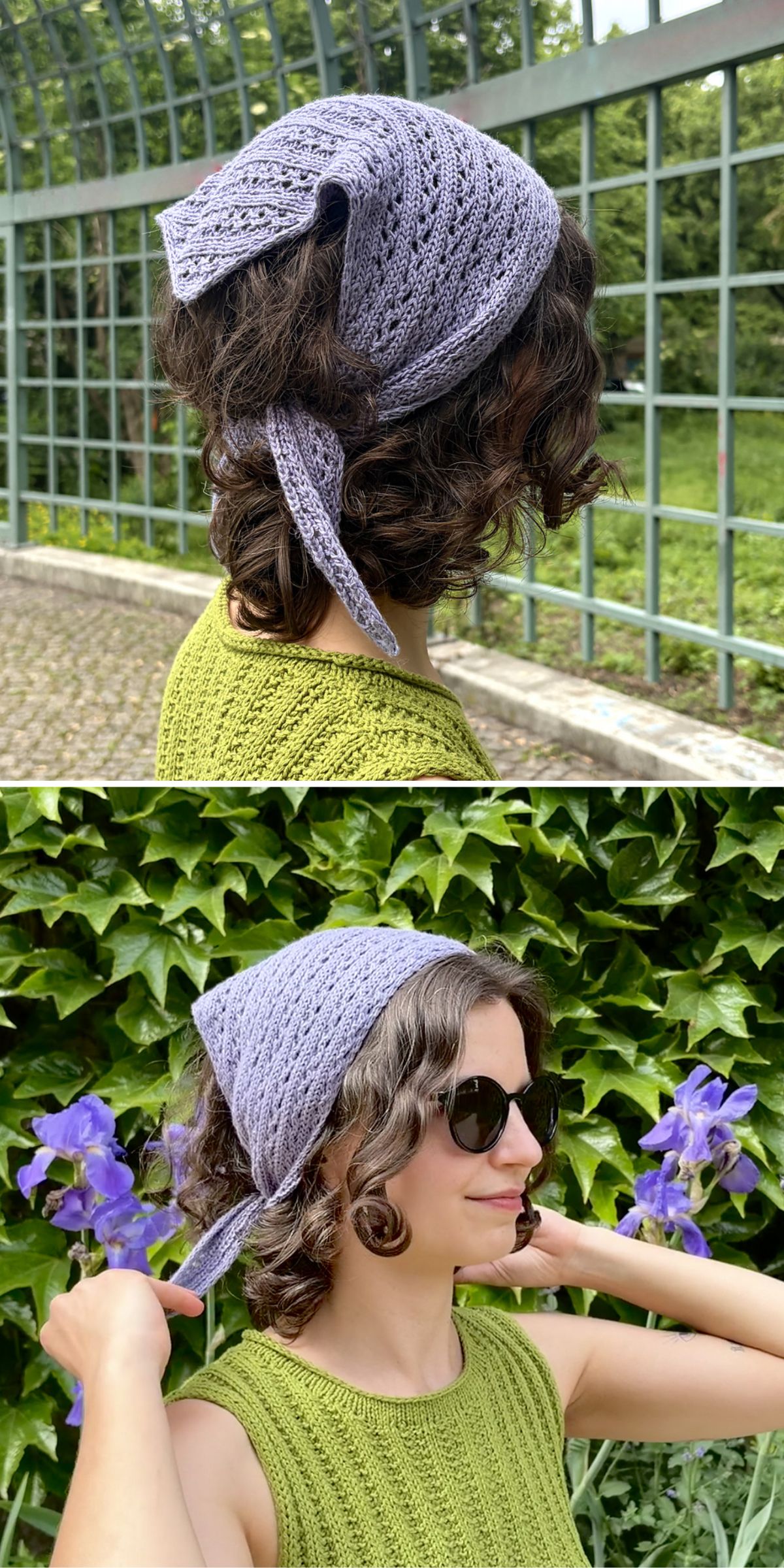 a woman wearing a light purple knitted headscarf