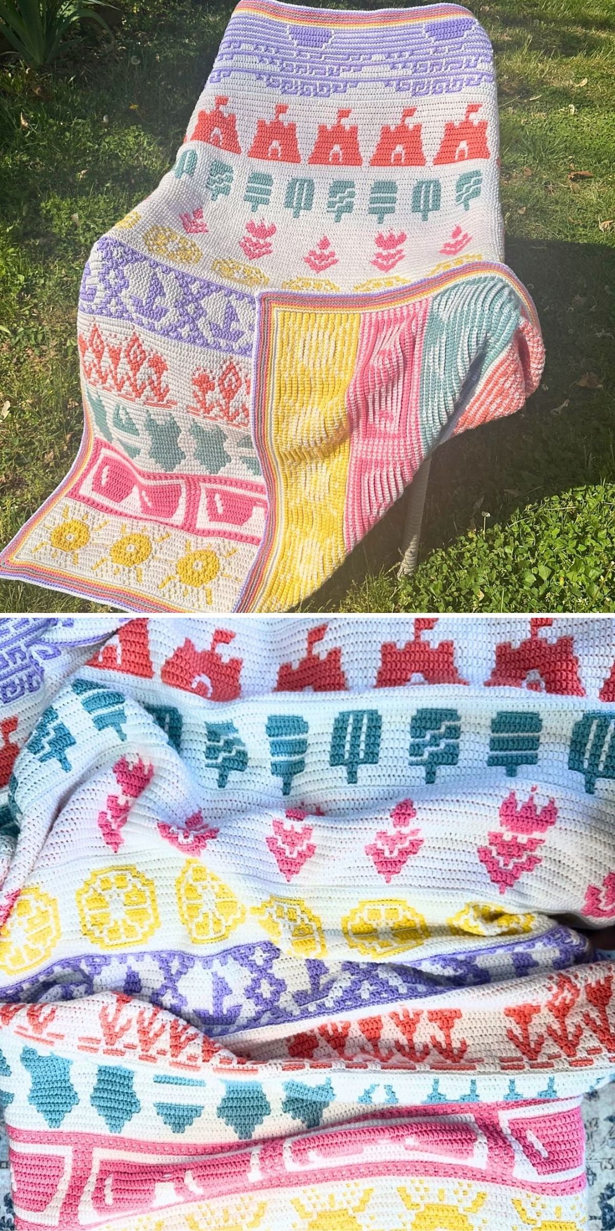 A colorful crocheted blanket with geometric and floral patterns draped over a chair on grass, shown in both a full view and a close-up.