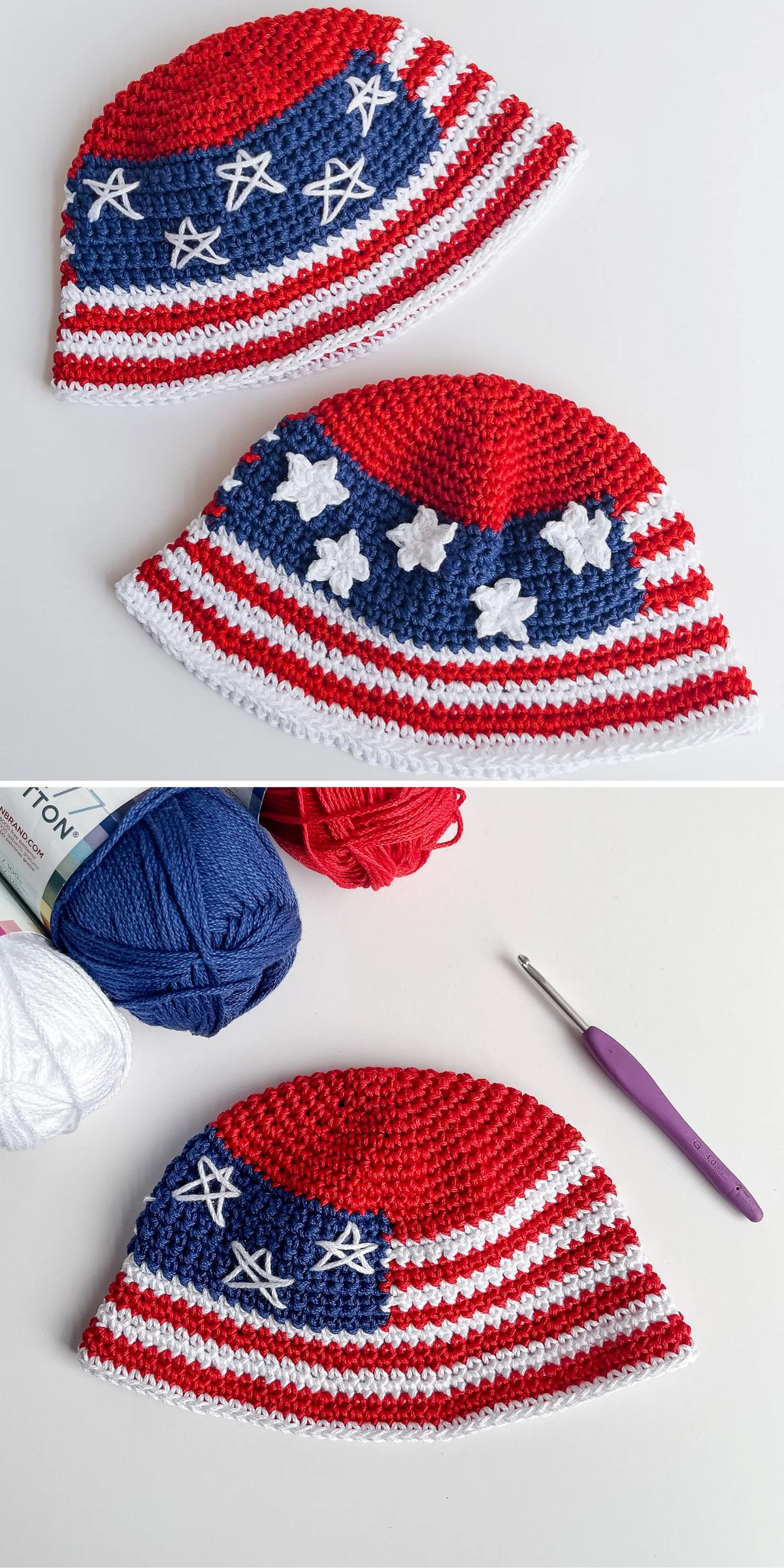 Two crochet hats with red, white, and blue stripes and star designs, displayed alongside skeins of yarn and a crochet hook.