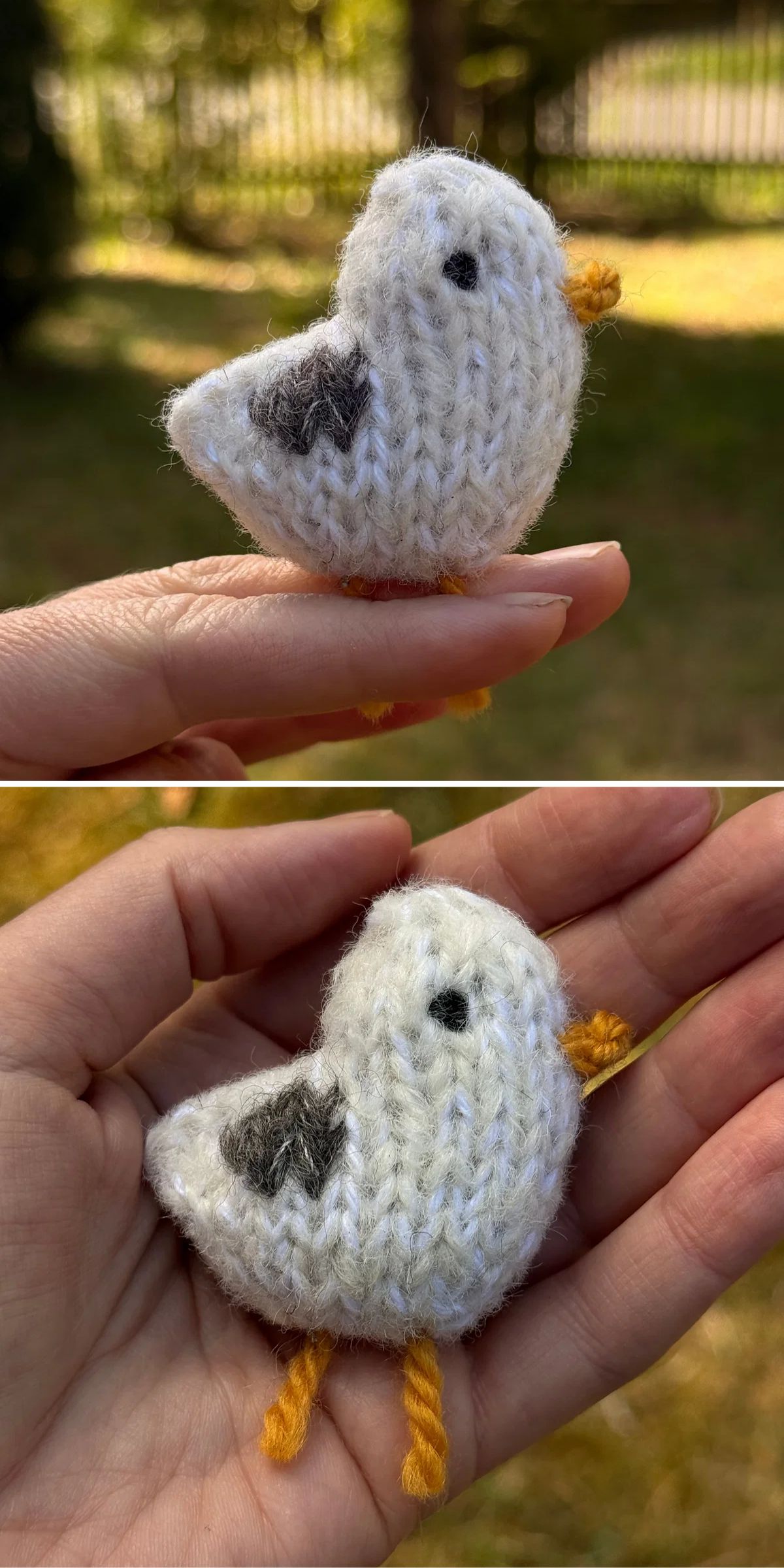 Two photos show a small knitted bird with white yarn, a black eye, gray wing, and yellow beak and legs, held in a person's hand outdoors.