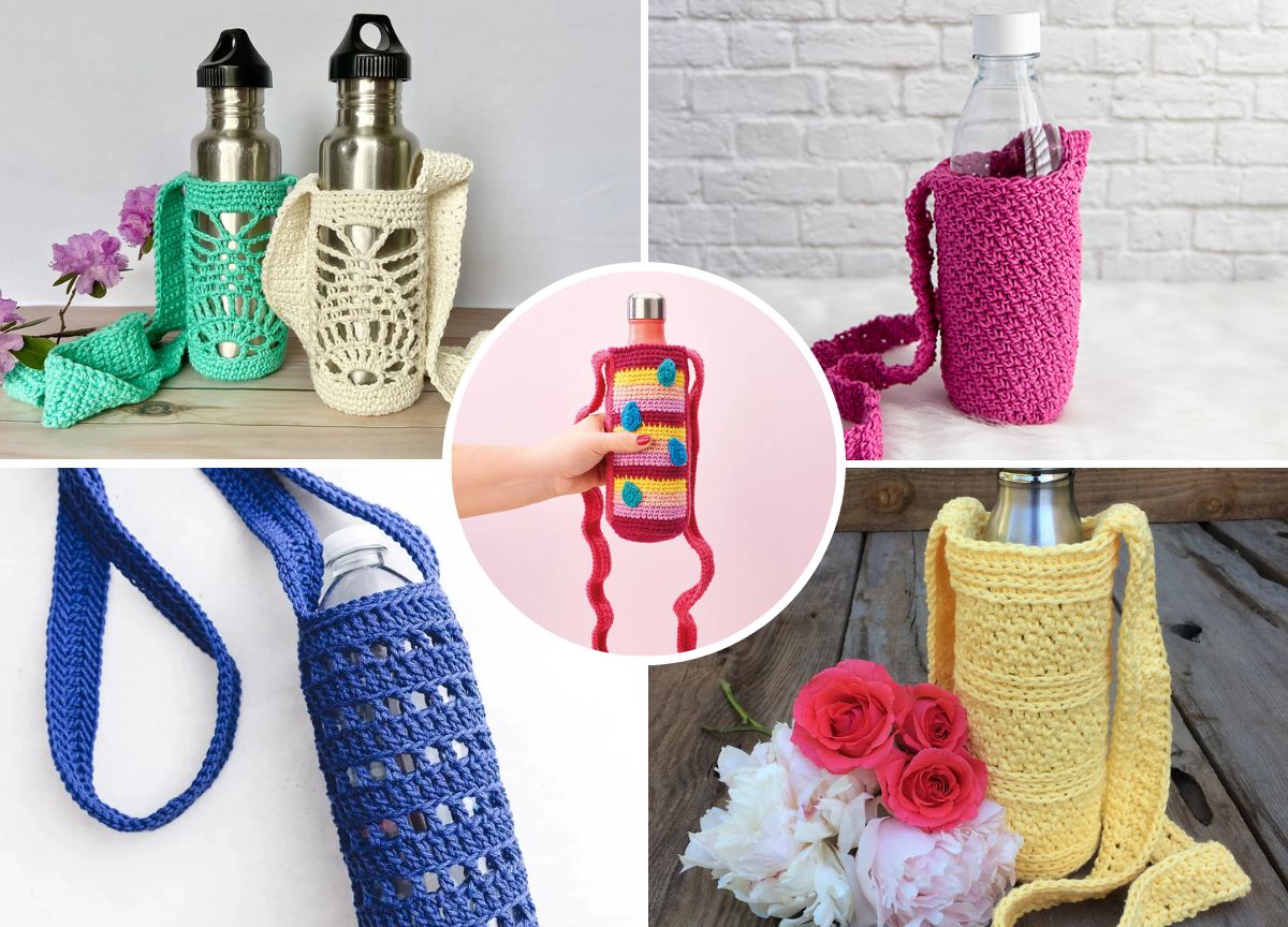 Collage of five reusable water bottles in various crocheted holders, each with a different color and pattern, displayed with flowers or against plain backgrounds.