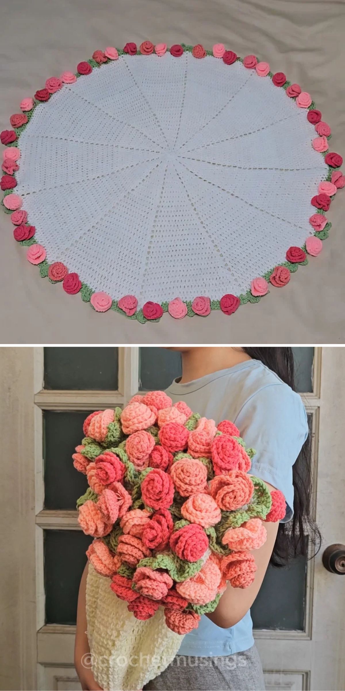 Top: A round white crocheted mat with pink and red crocheted roses along the edge. Bottom: A person holding a large bouquet of crocheted roses with green leaves.
