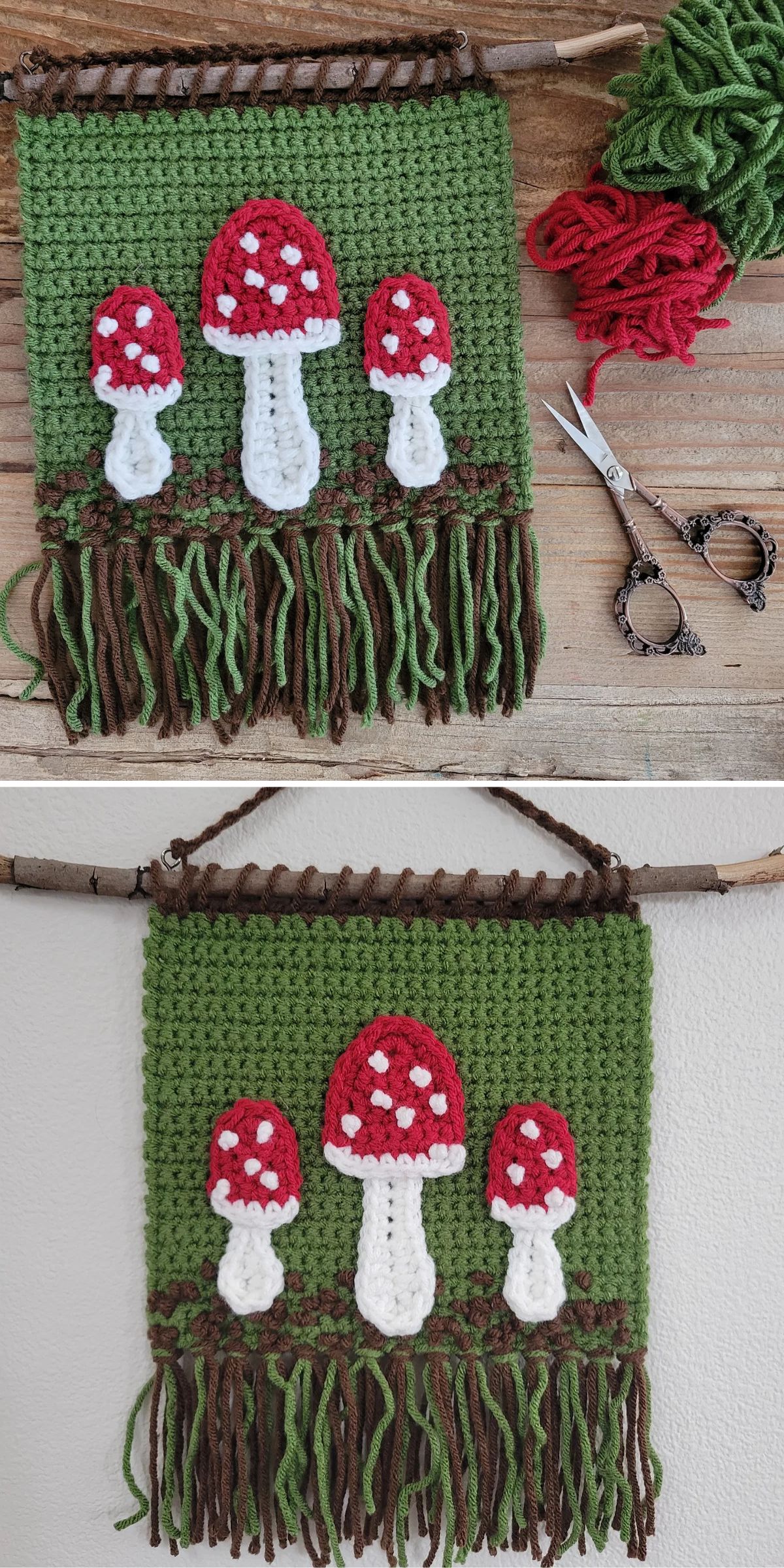 A crocheted wall hanging with three red and white mushrooms on a green background, brown fringe at the bottom, and hung on a wooden stick. Scissors and yarn are shown in the first image.