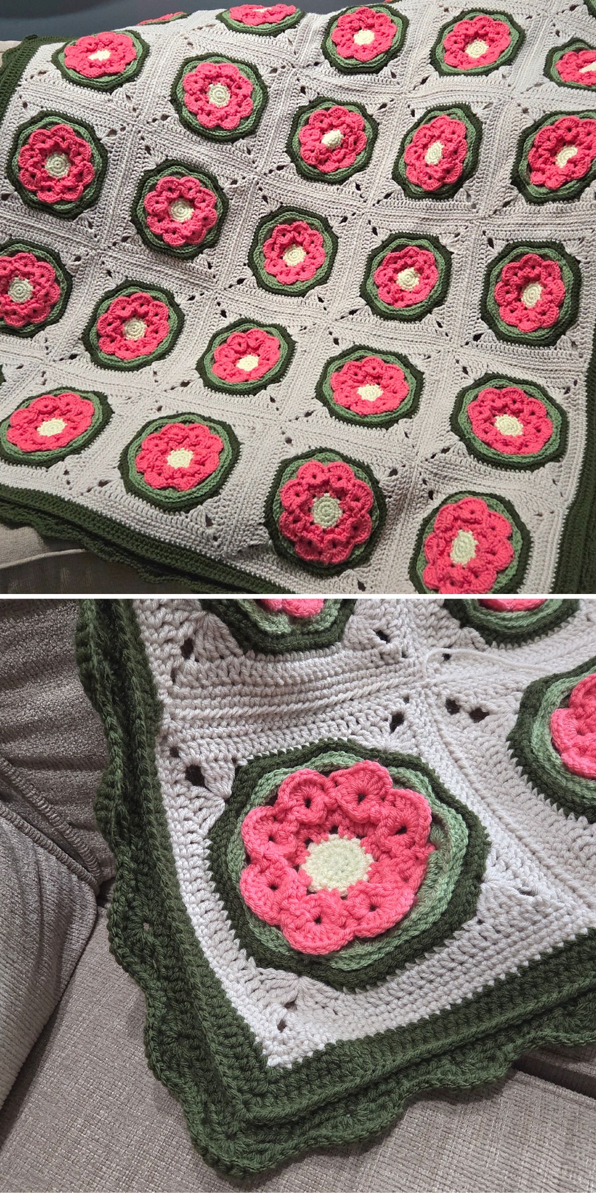 A crocheted blanket with pink, green, and cream floral motifs, bordered with green yarn, draped over a gray couch.