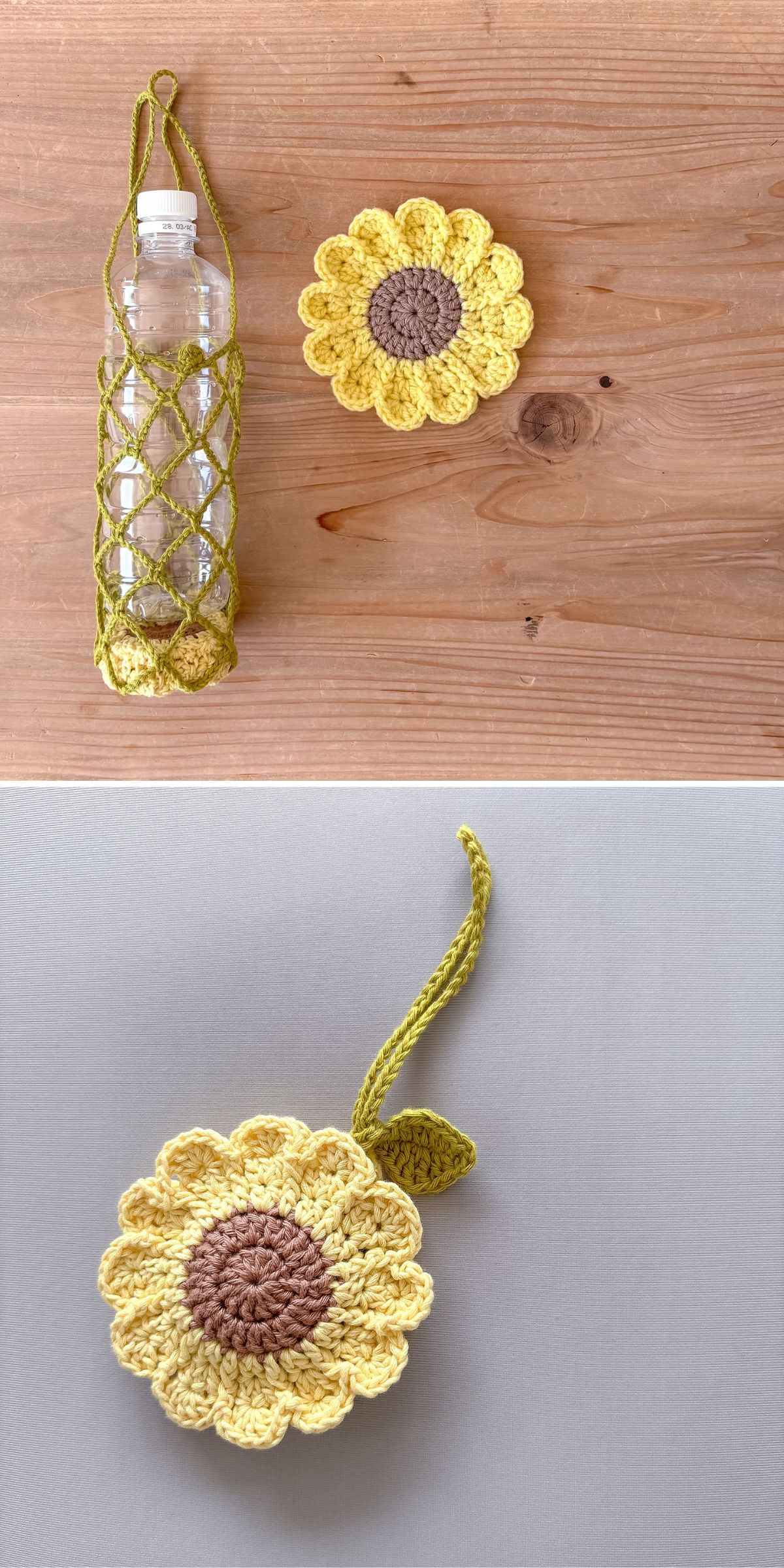 A crocheted sunflower coaster and a matching bottle holder are displayed on a wooden surface; a close-up shows the crocheted sunflower with a stem and leaf on a light background.