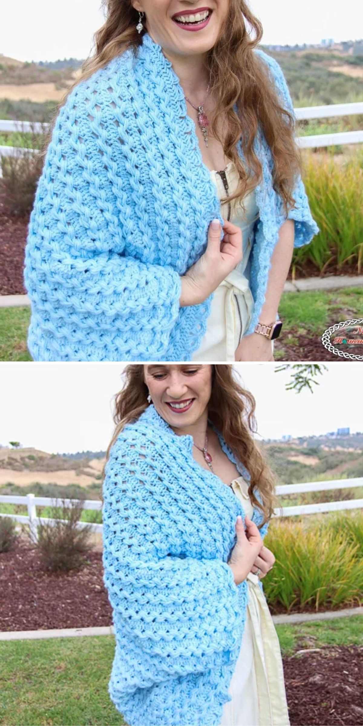 A person wearing a cream dress and a light blue crocheted shawl stands outdoors, smiling, with landscaping and a white fence in the background.