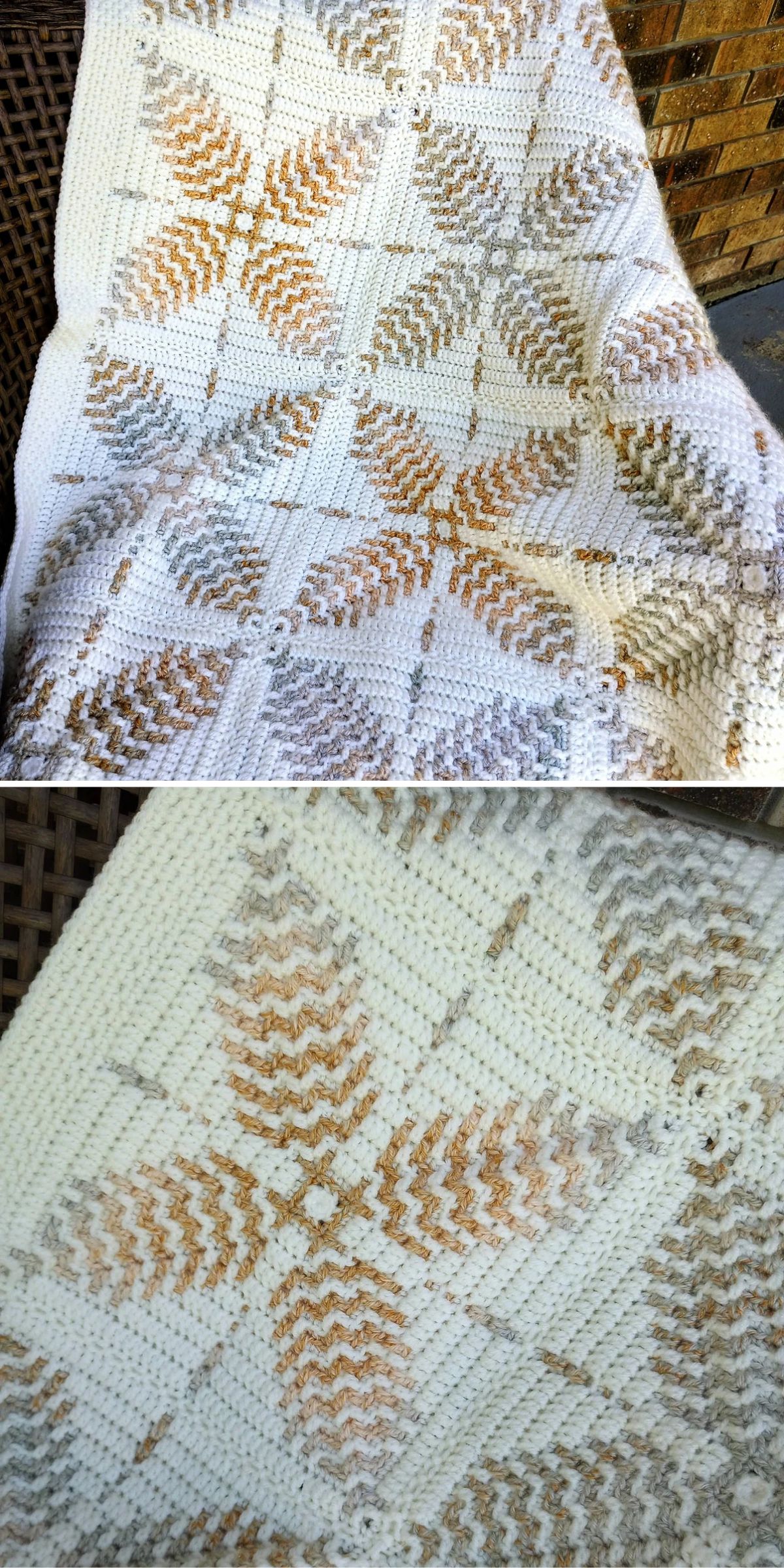 A crocheted blanket with a repeating starburst pattern in cream, tan, and brown tones, draped over a woven chair.