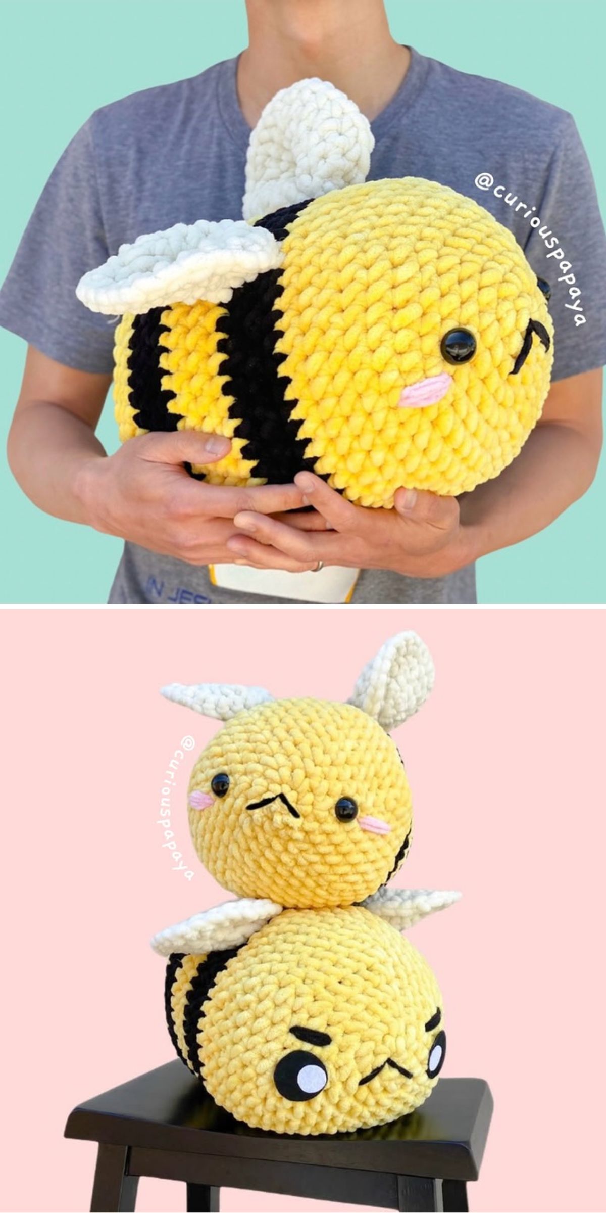 a big crochet bee soft toy made of chunky jumbo yarn