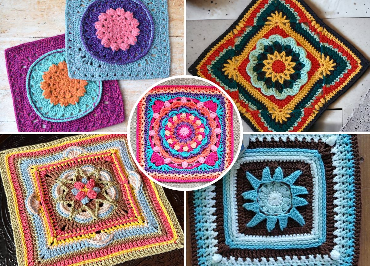 a set of colorful crochet squares with flower motifs