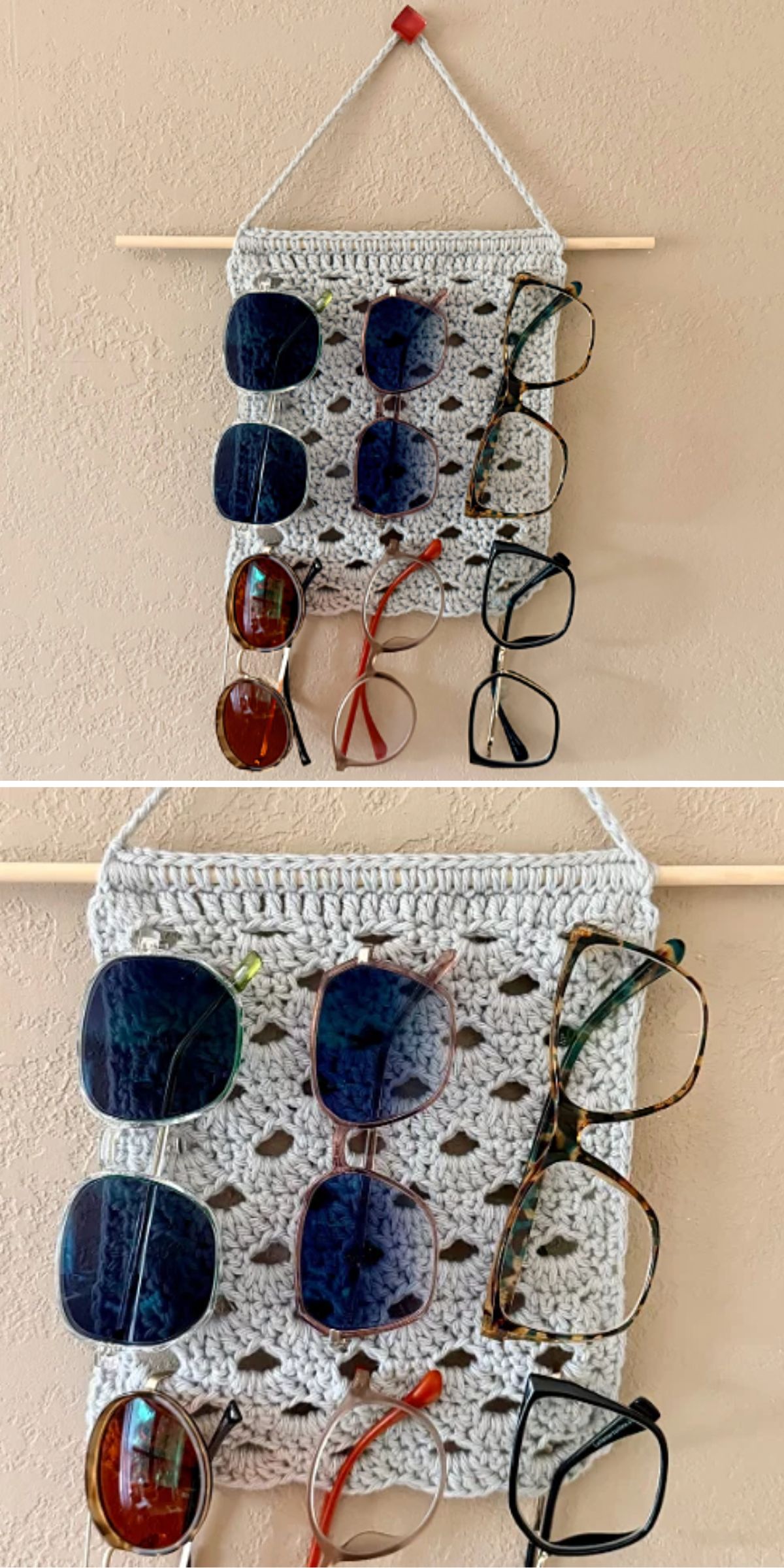 Crocheted wall organizer holding six pairs of sunglasses and eyeglasses, hung on a wooden dowel against a beige wall.