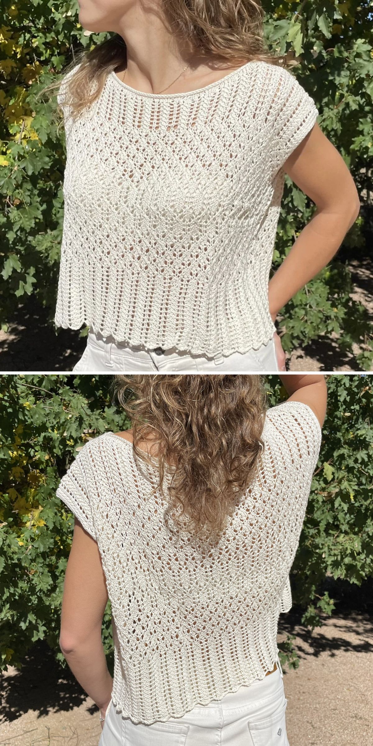 A person wearing a sleeveless, white knitted top with a textured pattern, shown from the front and back, standing outdoors near leafy green plants.