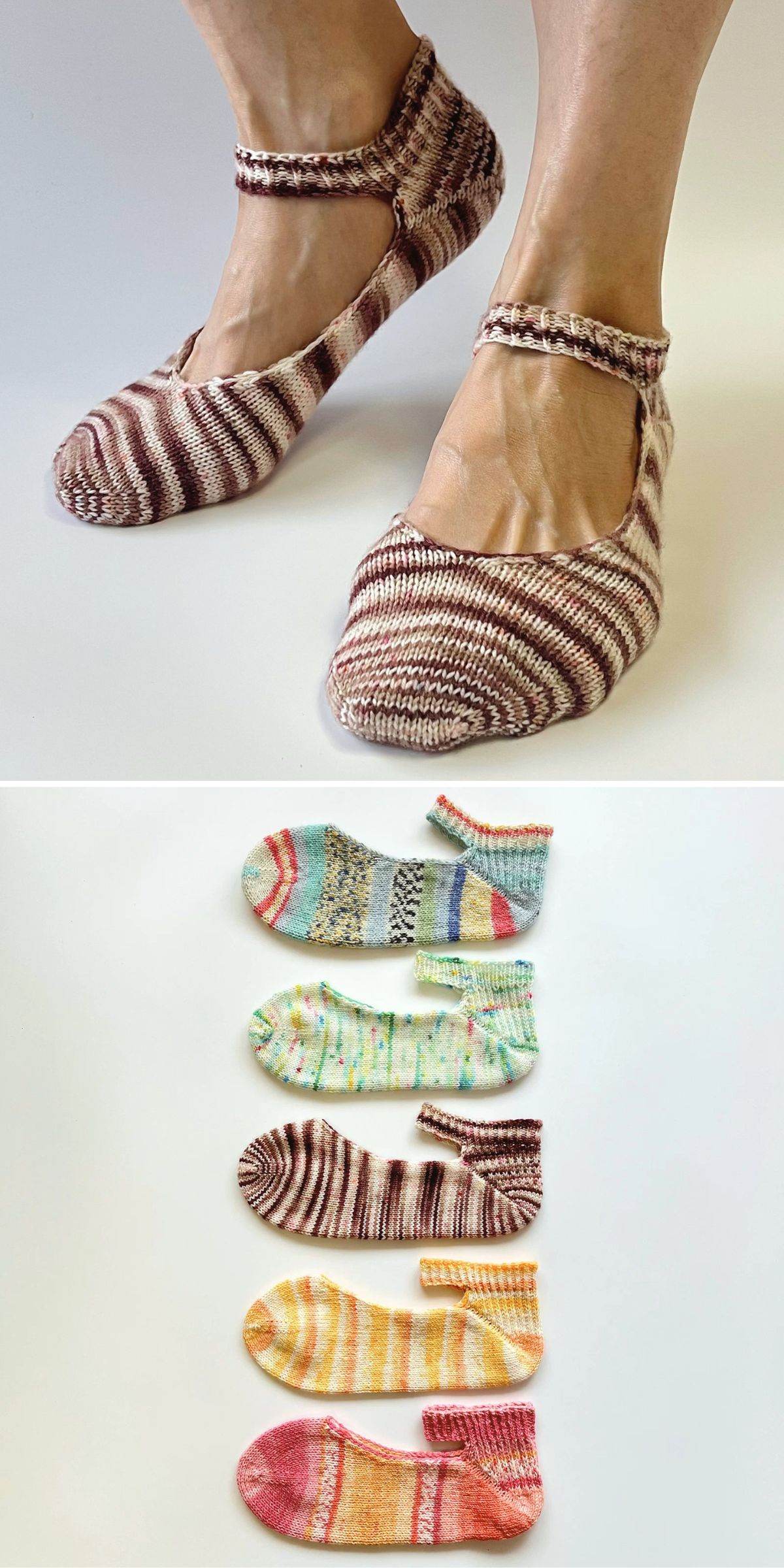 Top: Feet wearing brown and cream striped knitted slippers with ankle straps. Bottom: Six pairs of colorful knitted slippers arranged in a row on a white background.