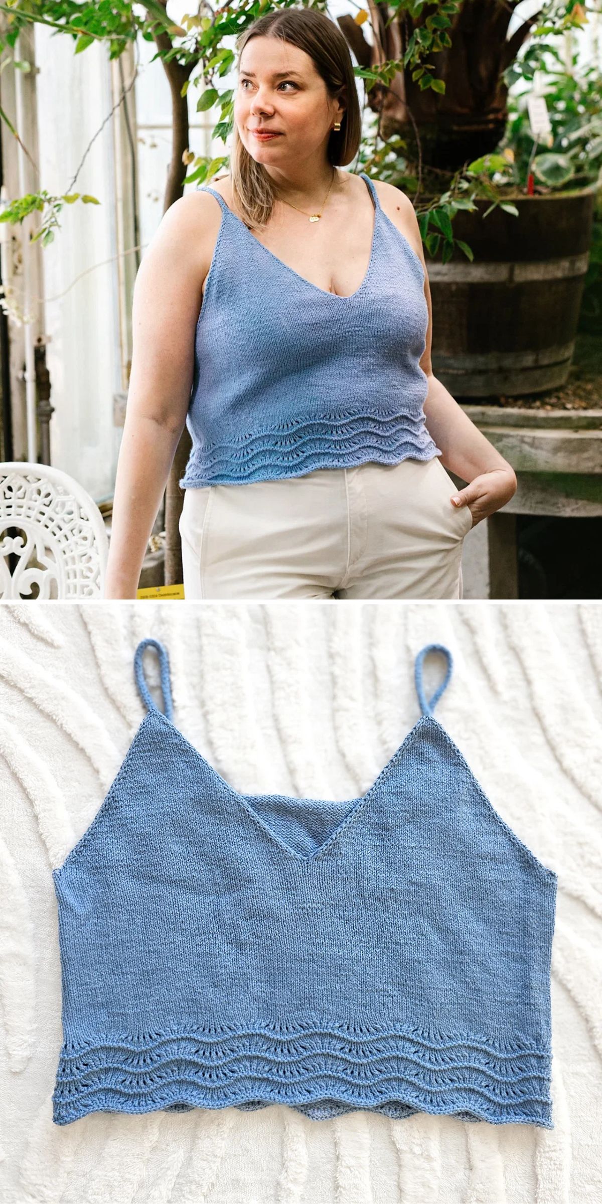 A woman wearing a light blue knit tank top with a scalloped hem stands outdoors; below is a close-up of the same tank top laid flat on a white surface.