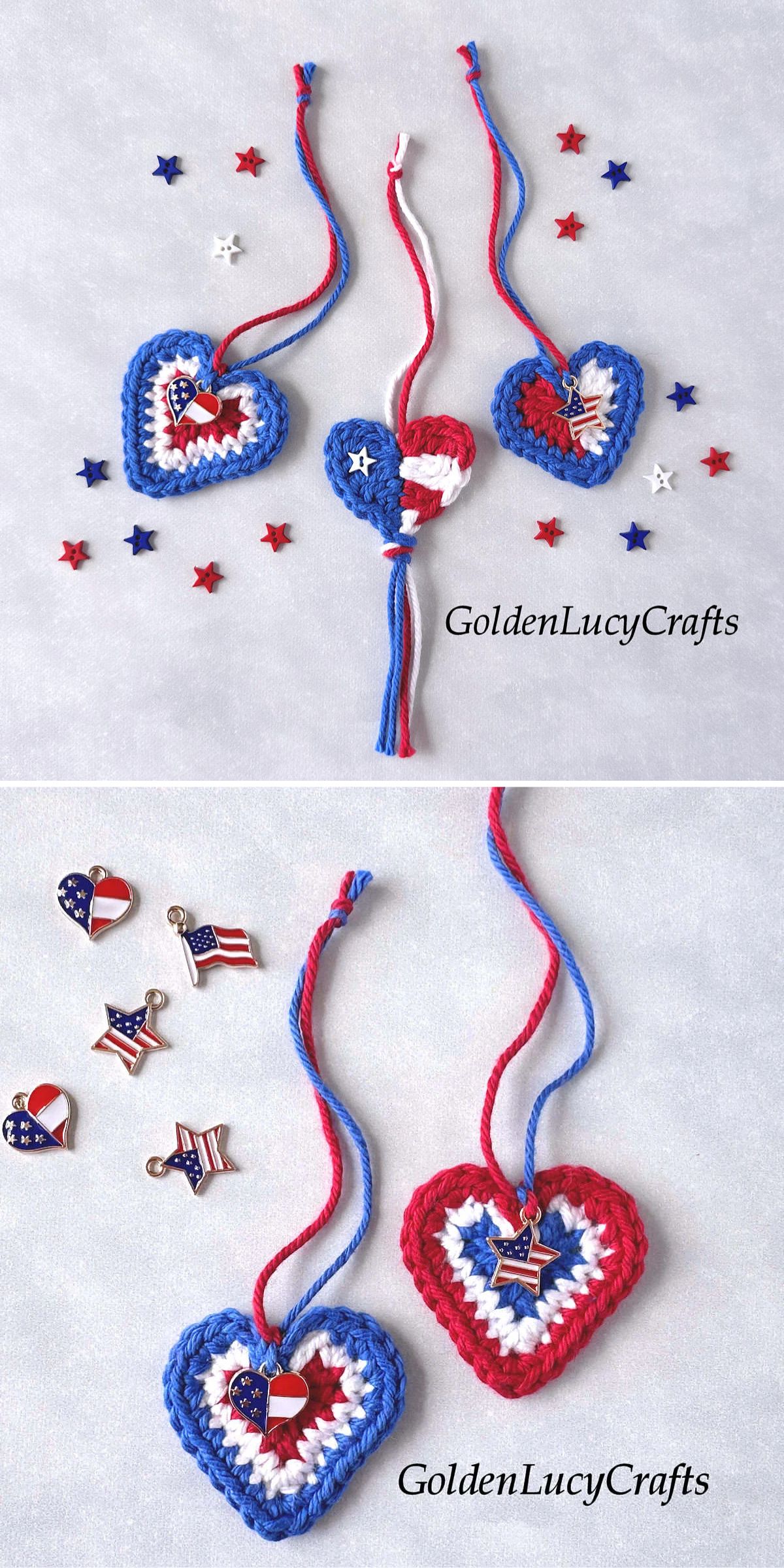 Two images show crocheted heart-shaped keychains in red, white, and blue with American flag designs, surrounded by patriotic charms and star-shaped confetti. "GoldenLucyCrafts" watermark present.