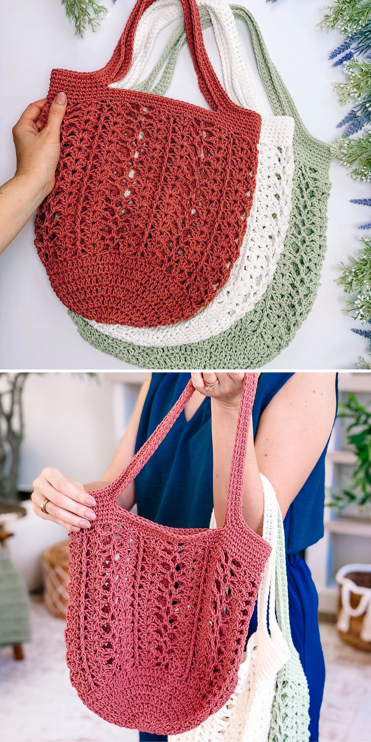 Three crocheted tote bags in red, white, and green are displayed; one image shows the bags laid flat, and the other shows a person holding them.