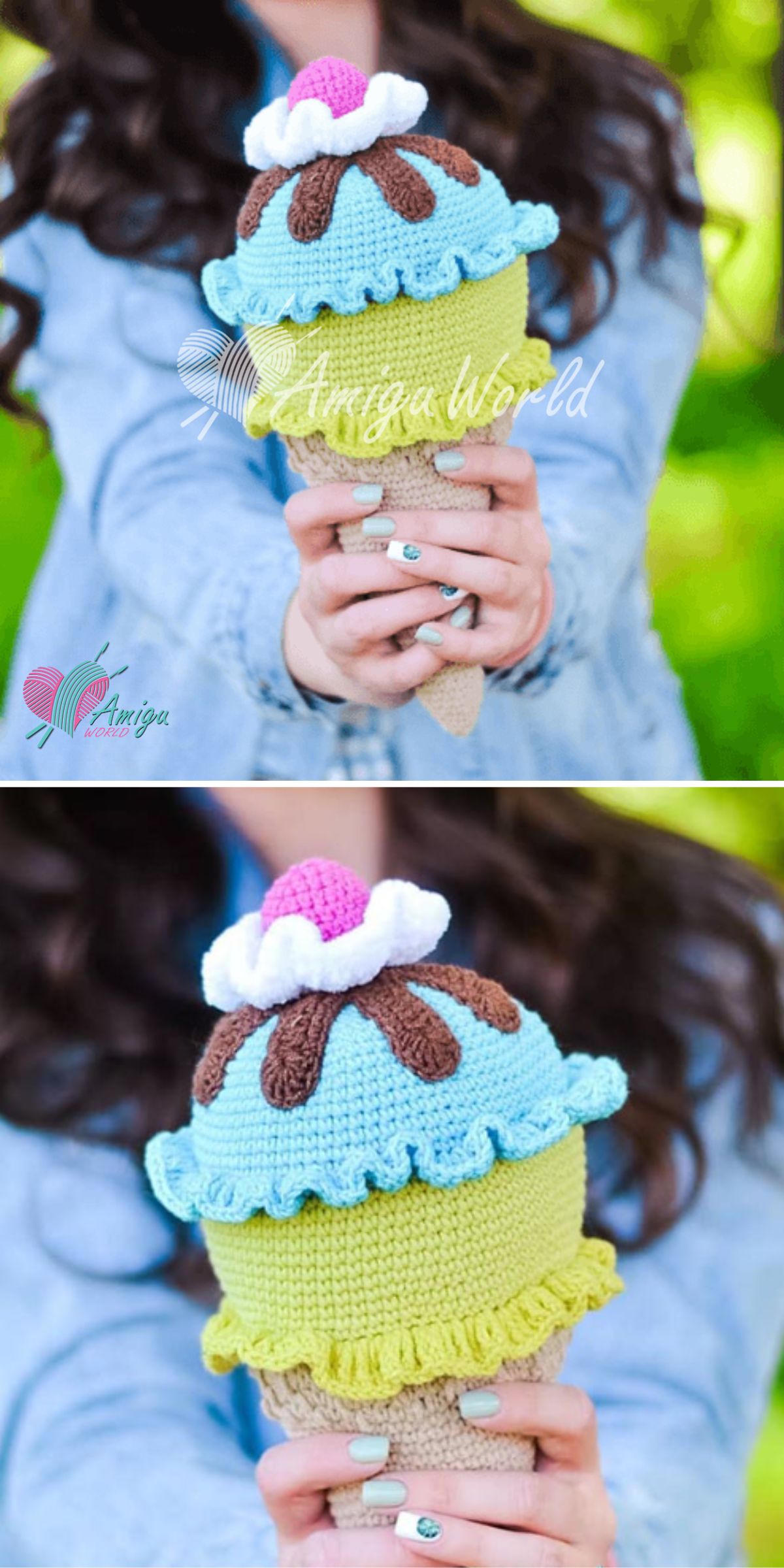 A person holding a crocheted ice cream cone with blue, brown, and pink details, topped with a white crochet decoration.