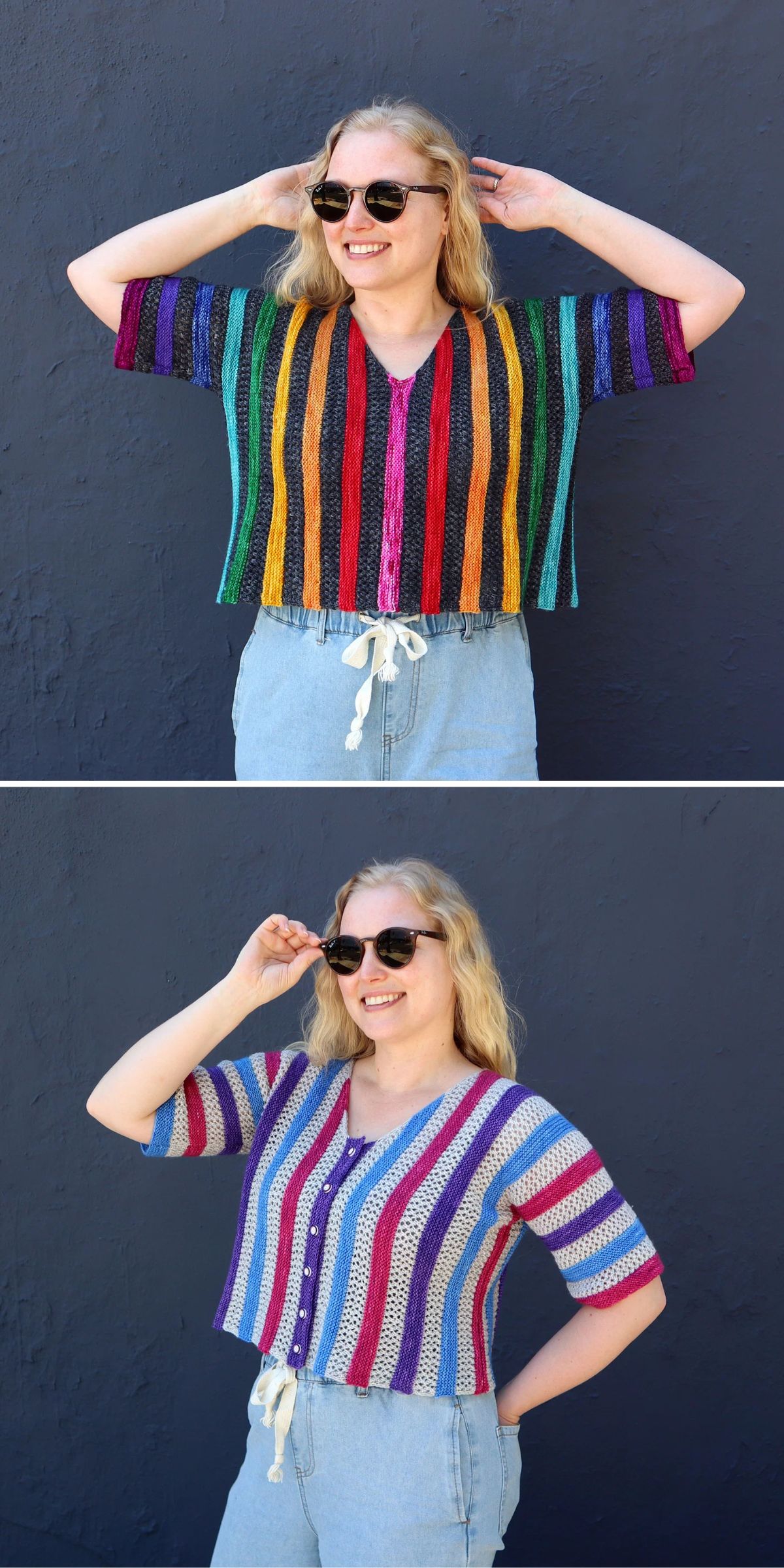 A woman wearing sunglasses models two different colorful striped knit tops against a dark background. The first top has vertical stripes; the second top has horizontal stripes and buttons.