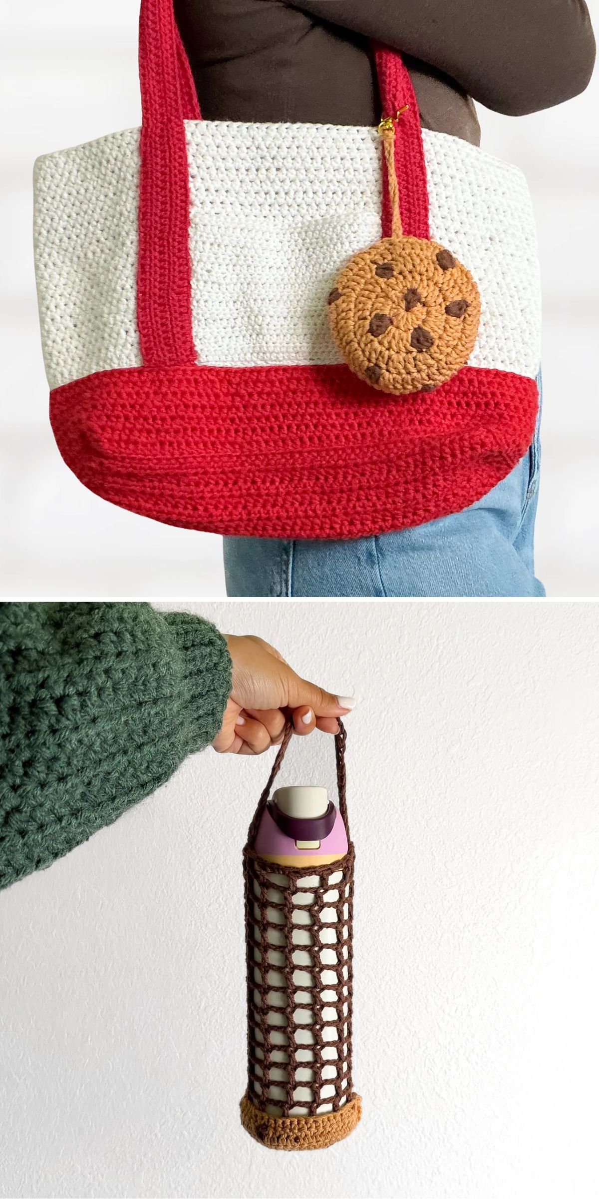 Top: Person holding a crocheted red and white tote bag with a crocheted cookie keychain. Bottom: Hand holding a crocheted brown bottle holder with a water bottle inside.