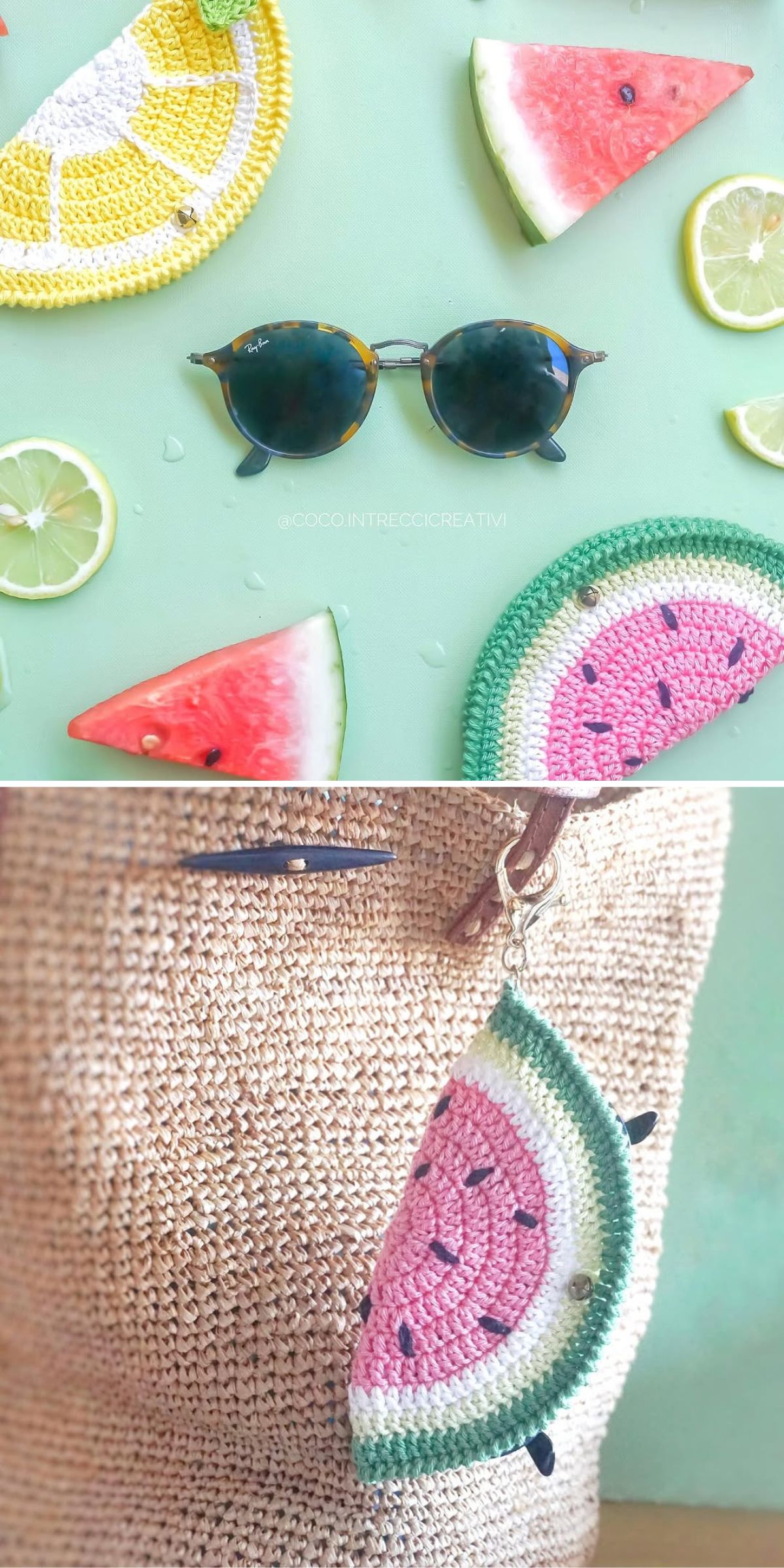 Crocheted fruit slices and real fruit pieces surround sunglasses; below, a crocheted watermelon slice keychain hangs on a woven bag.