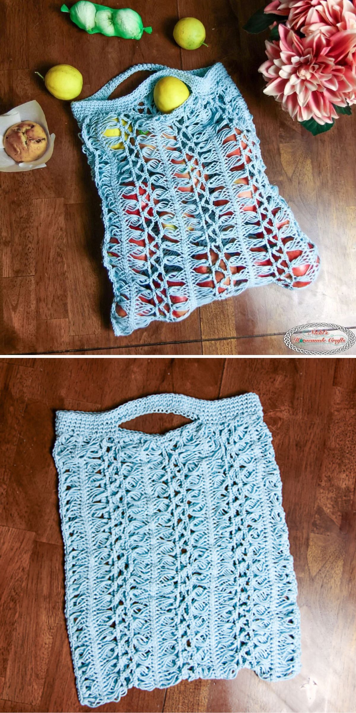 Two images of a light blue crocheted market bag; one filled with groceries and lemons, the other empty and laid flat on a wooden surface.