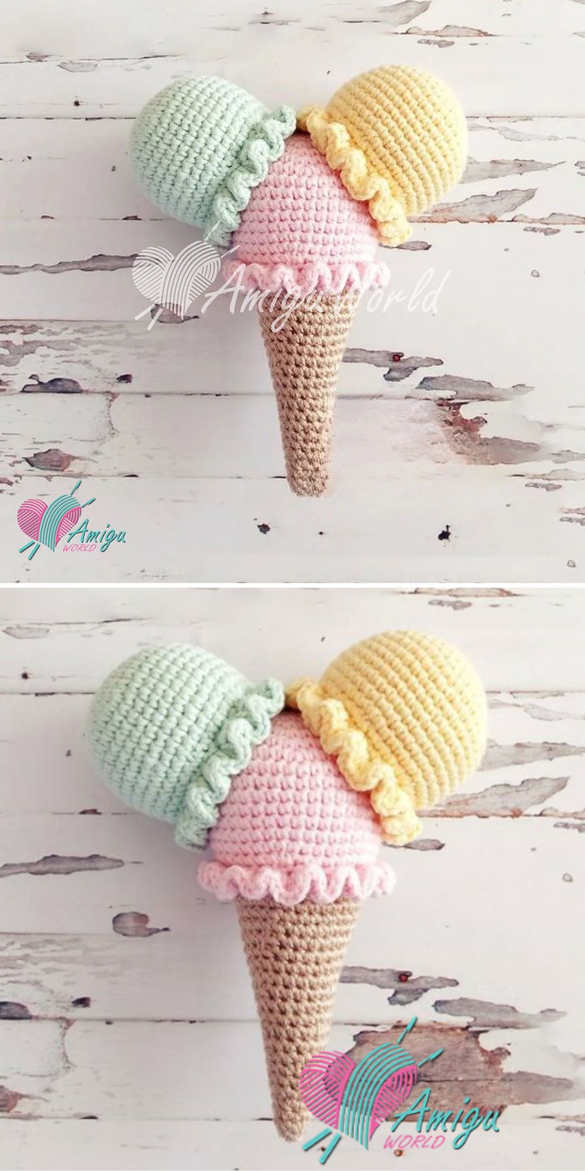Crocheted ice cream cone with three scoops in pastel green, pink, and yellow, displayed on a light wooden surface.