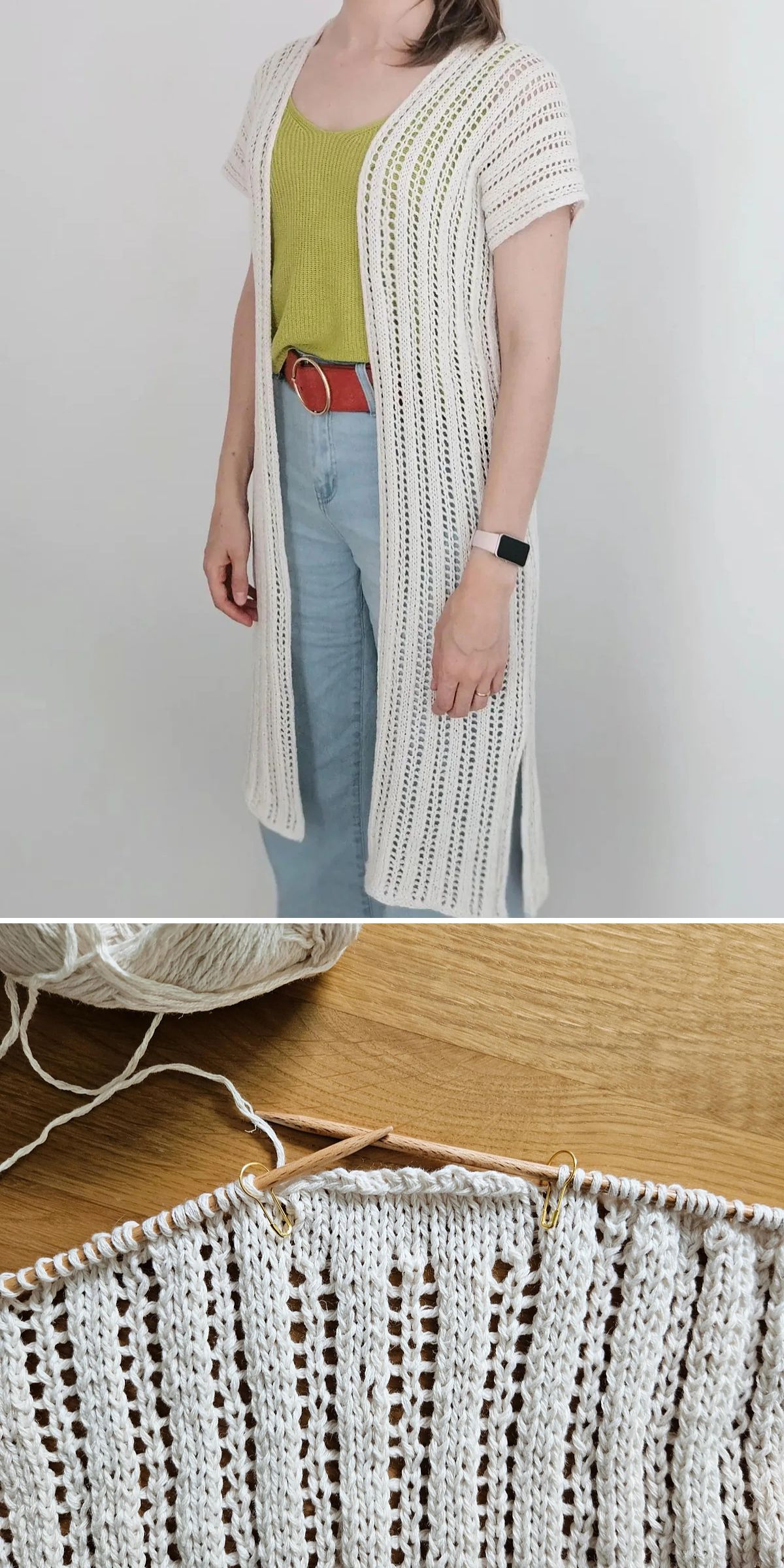 A person wears a long, white, crocheted vest over a green top and blue jeans. Below, a close-up shows the vest’s crochet pattern in progress with stitches on needles.
